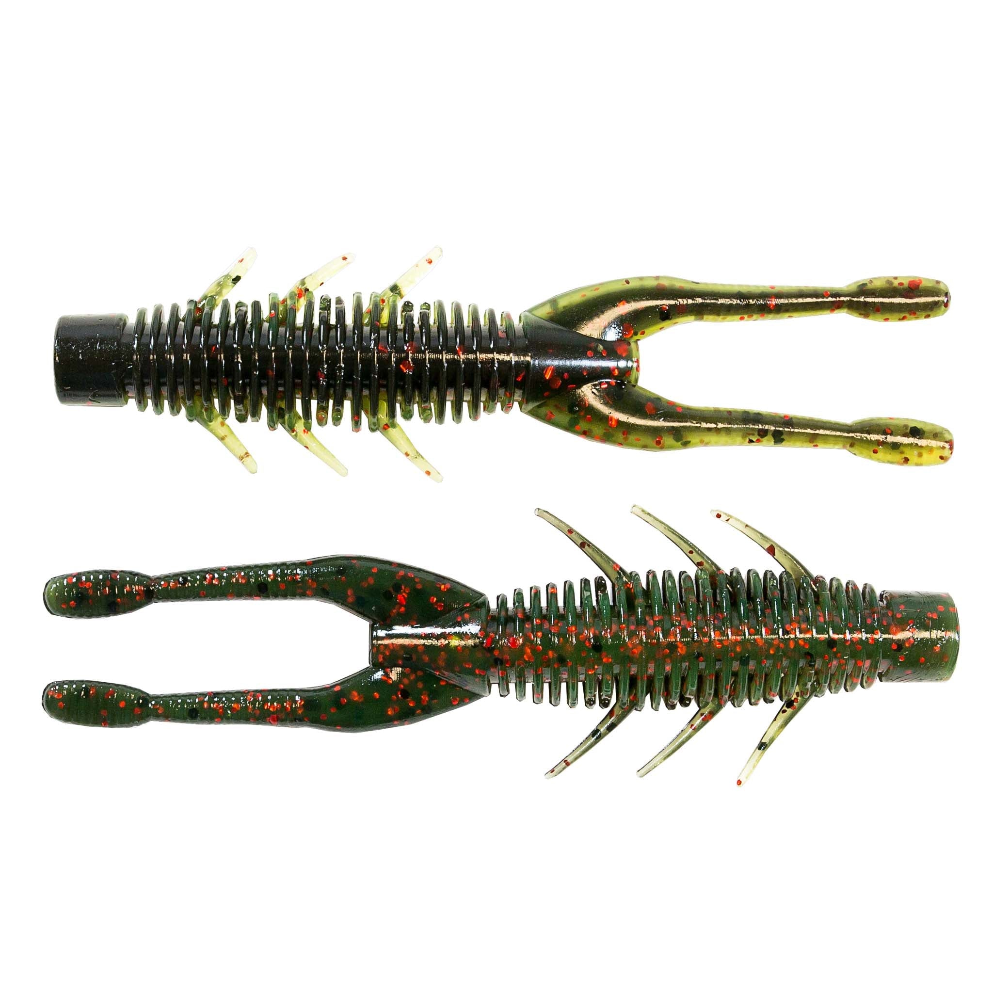 Olive soft plastic craw lure with red and green speckles, ribbed body, and fins
