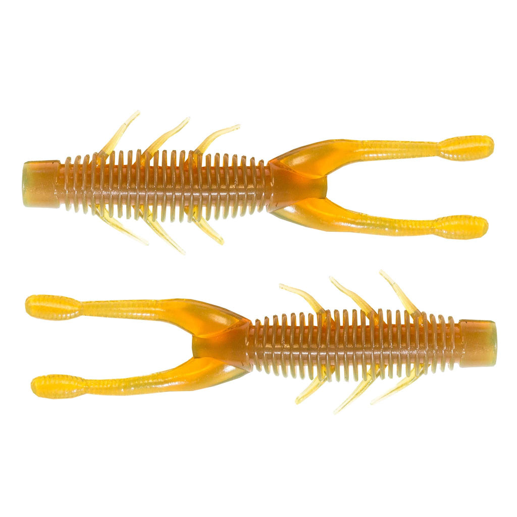 Ribbed soft plastic swimbait with split tail claws, orange/yellow