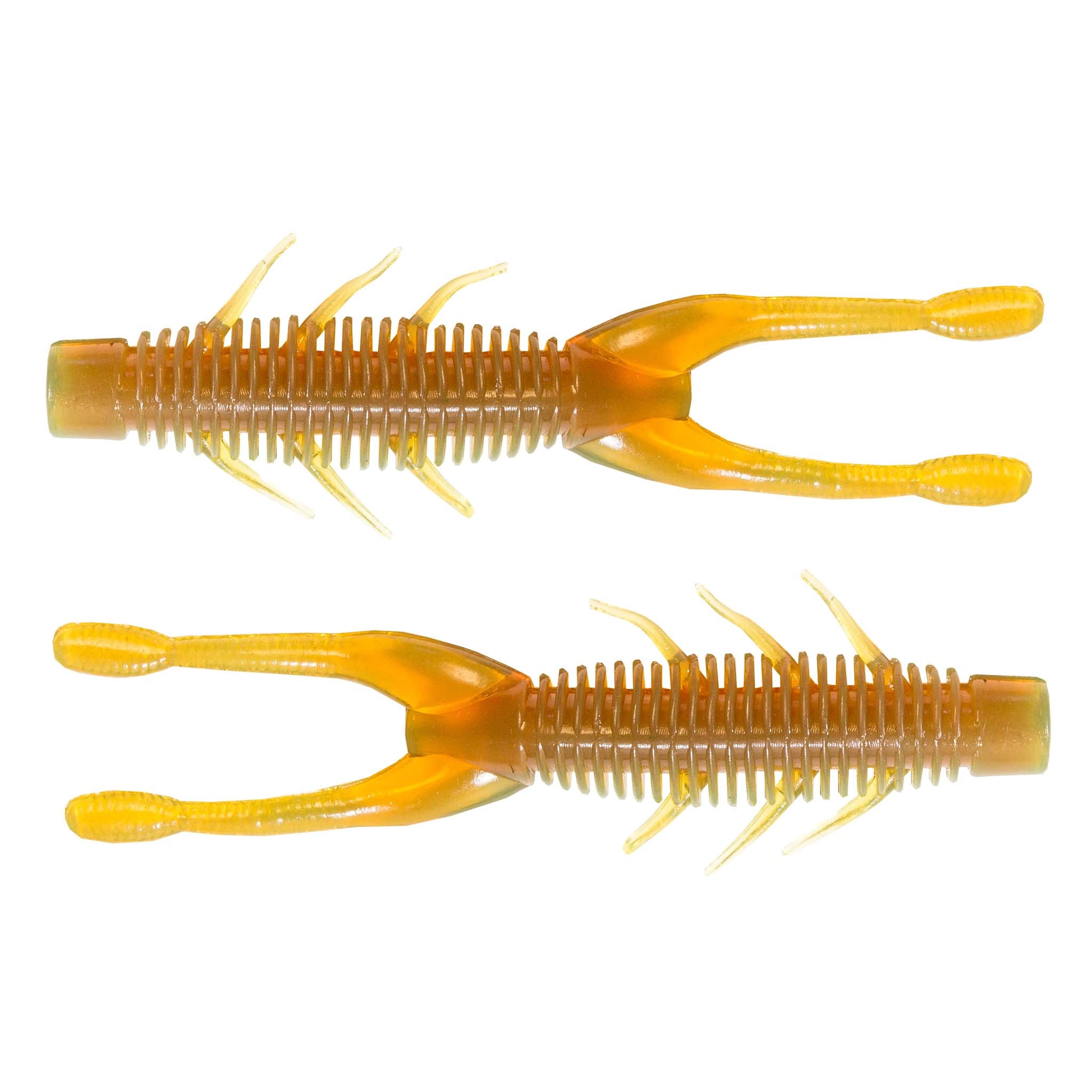 Ribbed soft plastic swimbait with split tail claws, orange/yellow