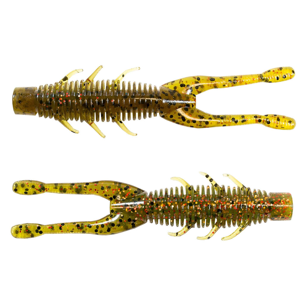 Golden speckled soft plastic craw lure with ribbed body and small side finlets