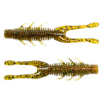 Golden speckled soft plastic craw lure with ribbed body and small side finlets