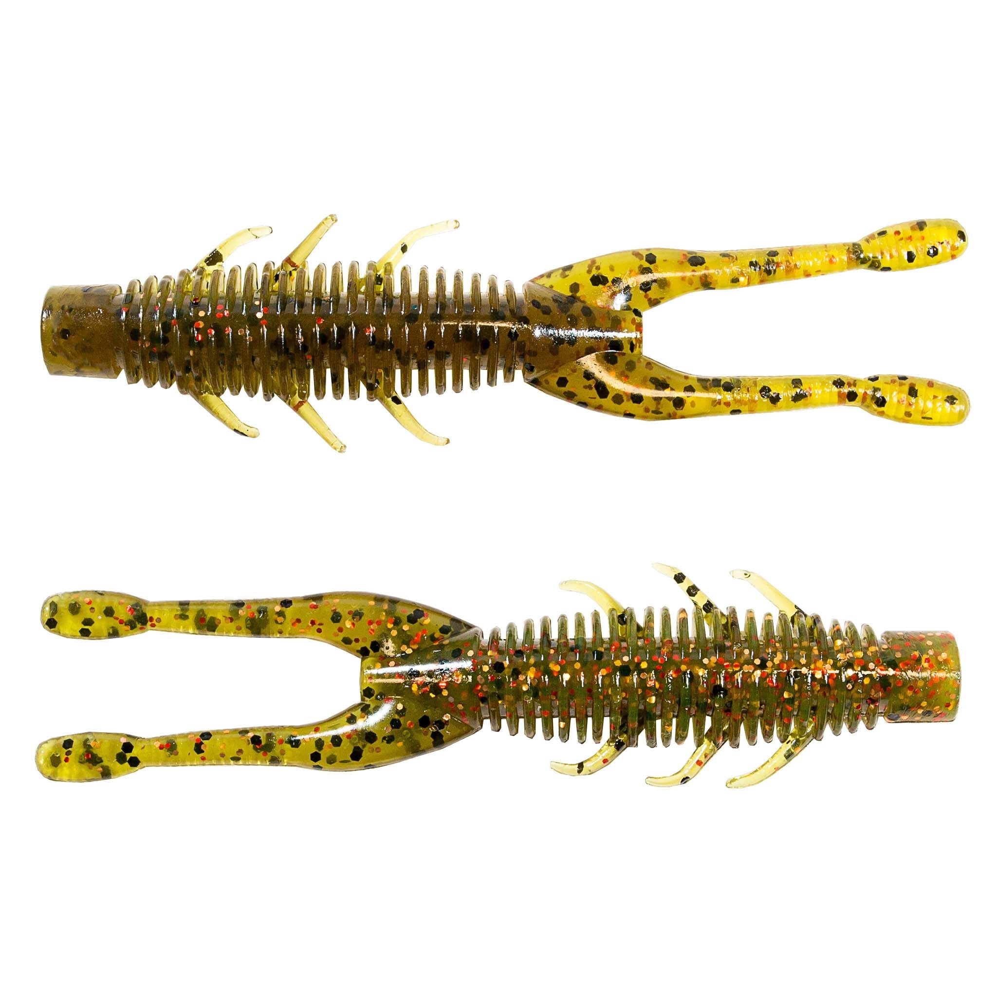 Golden speckled soft plastic craw lure with ribbed body and small side finlets