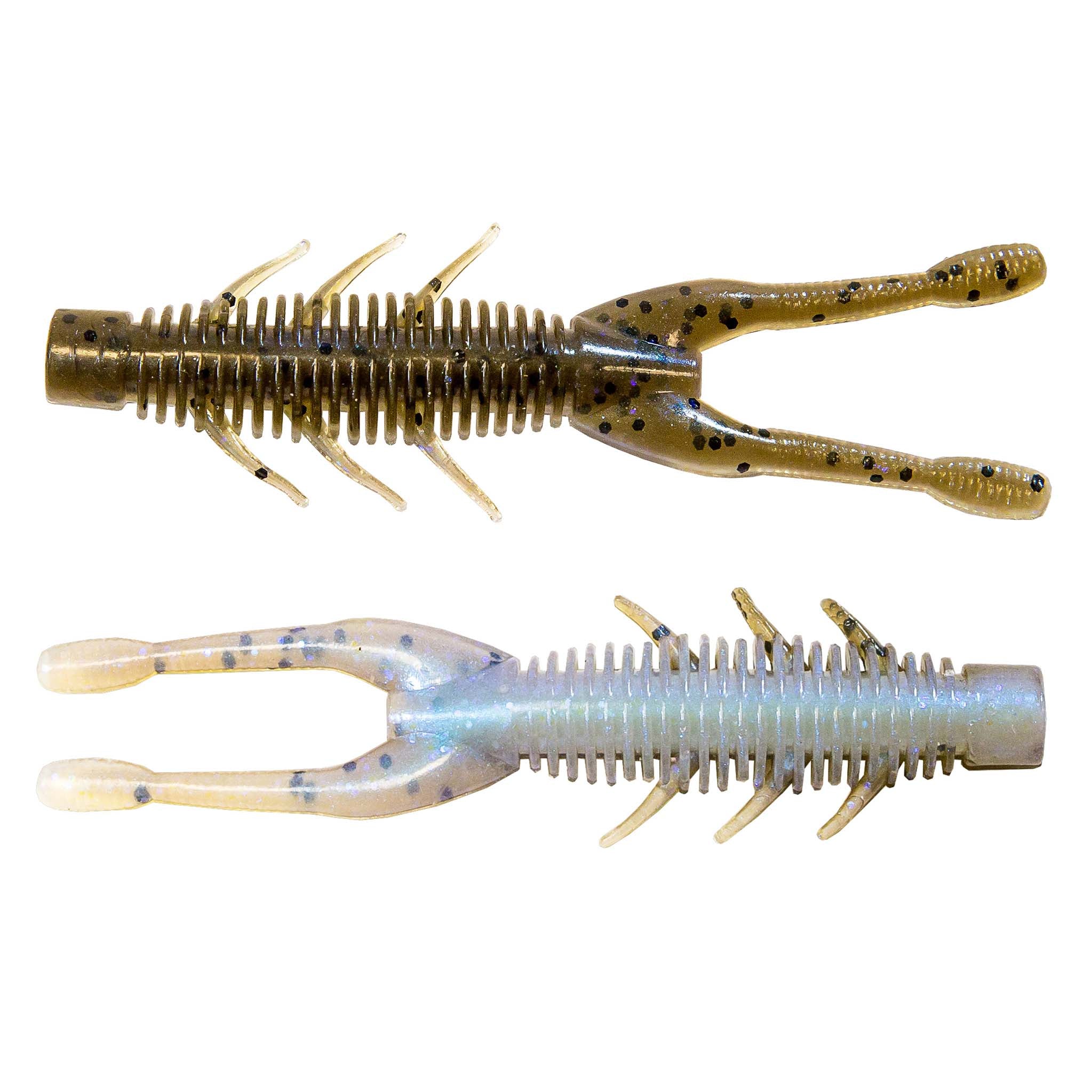 Dark gold and light blue speckled soft plastic craw lure pair with ribbed bodies