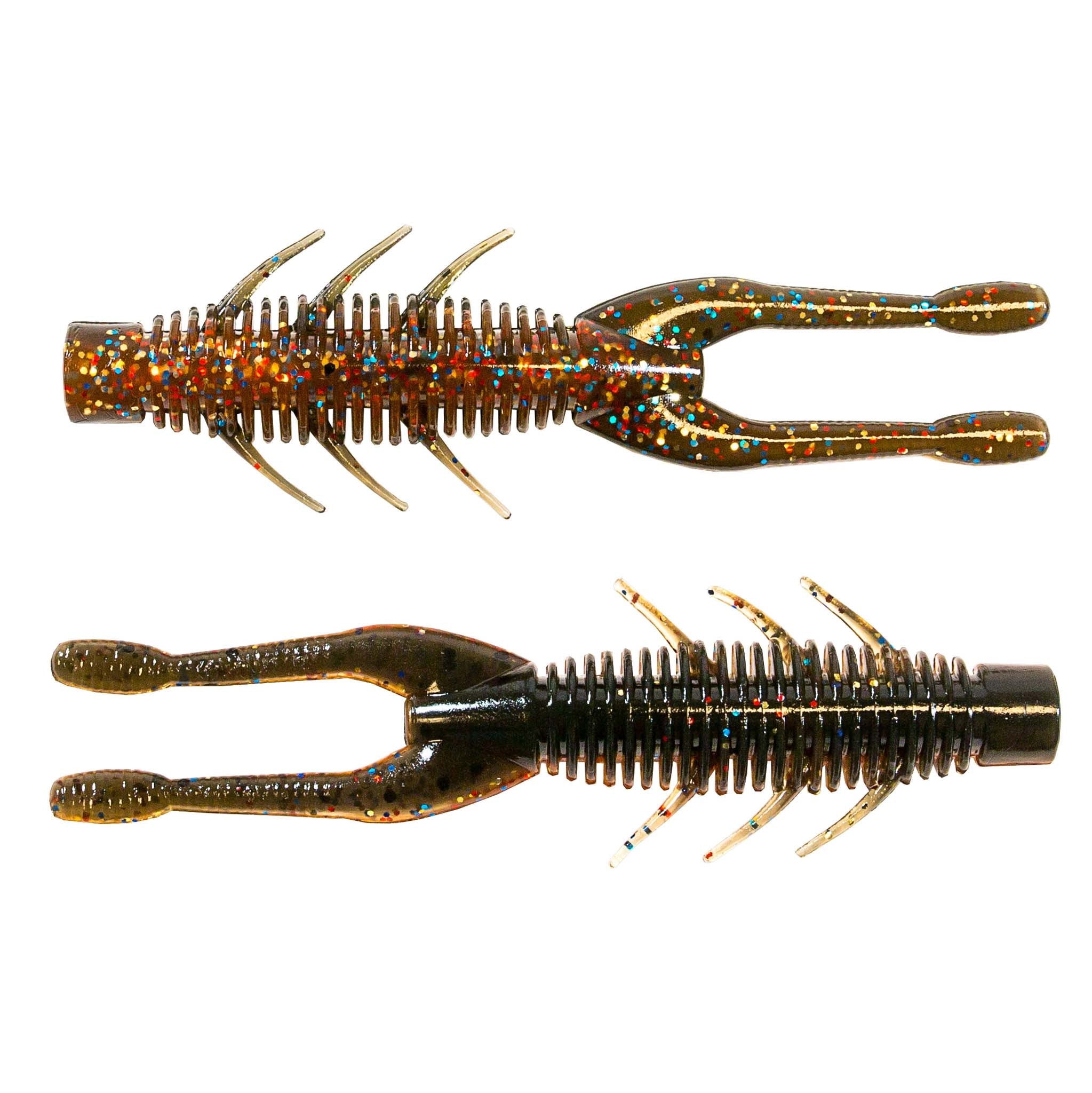 Brown glitter-speckled soft plastic craw lure with ribbed body and forked tail fins