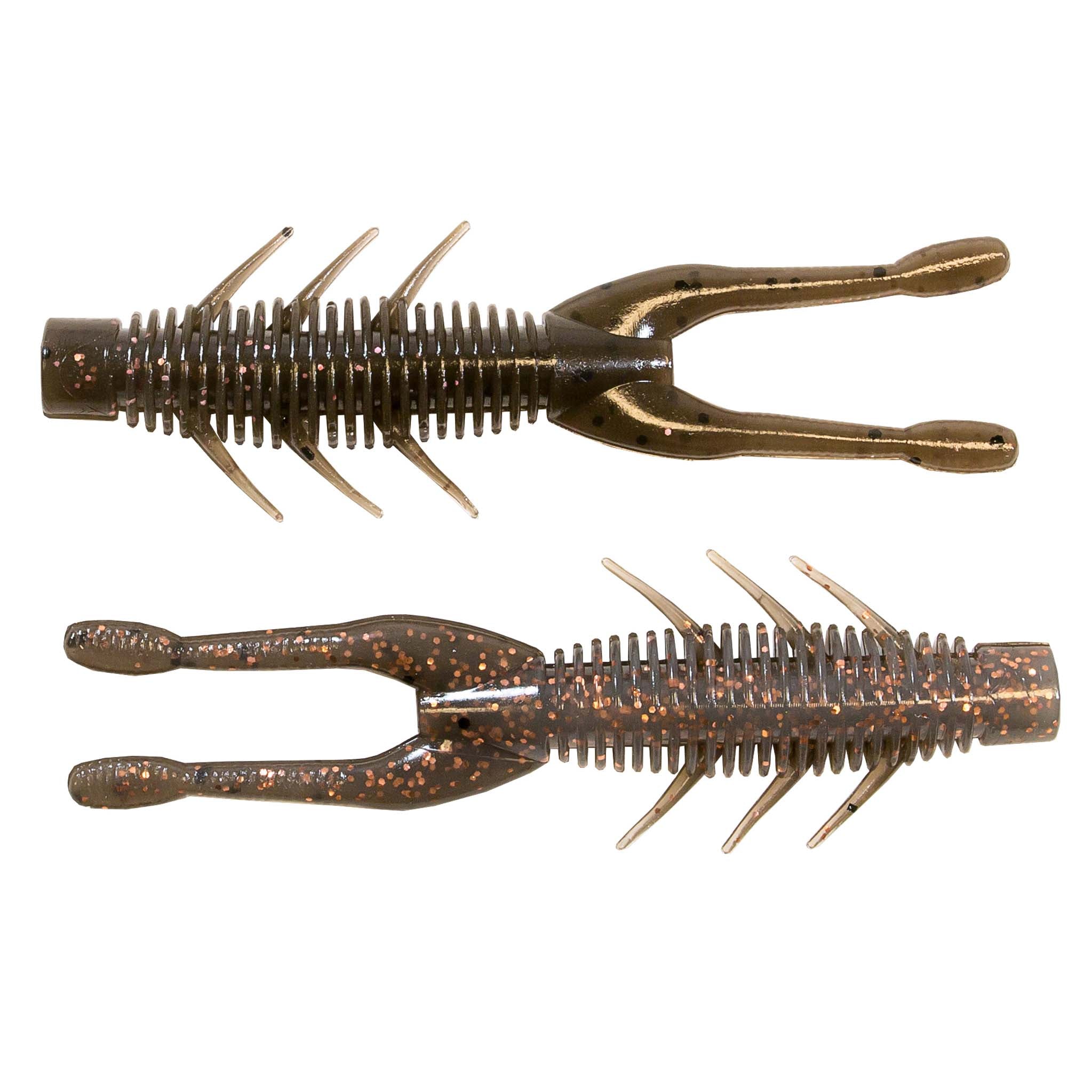 Dark brown speckled soft plastic craw lure with ribbed body and molded fin legs