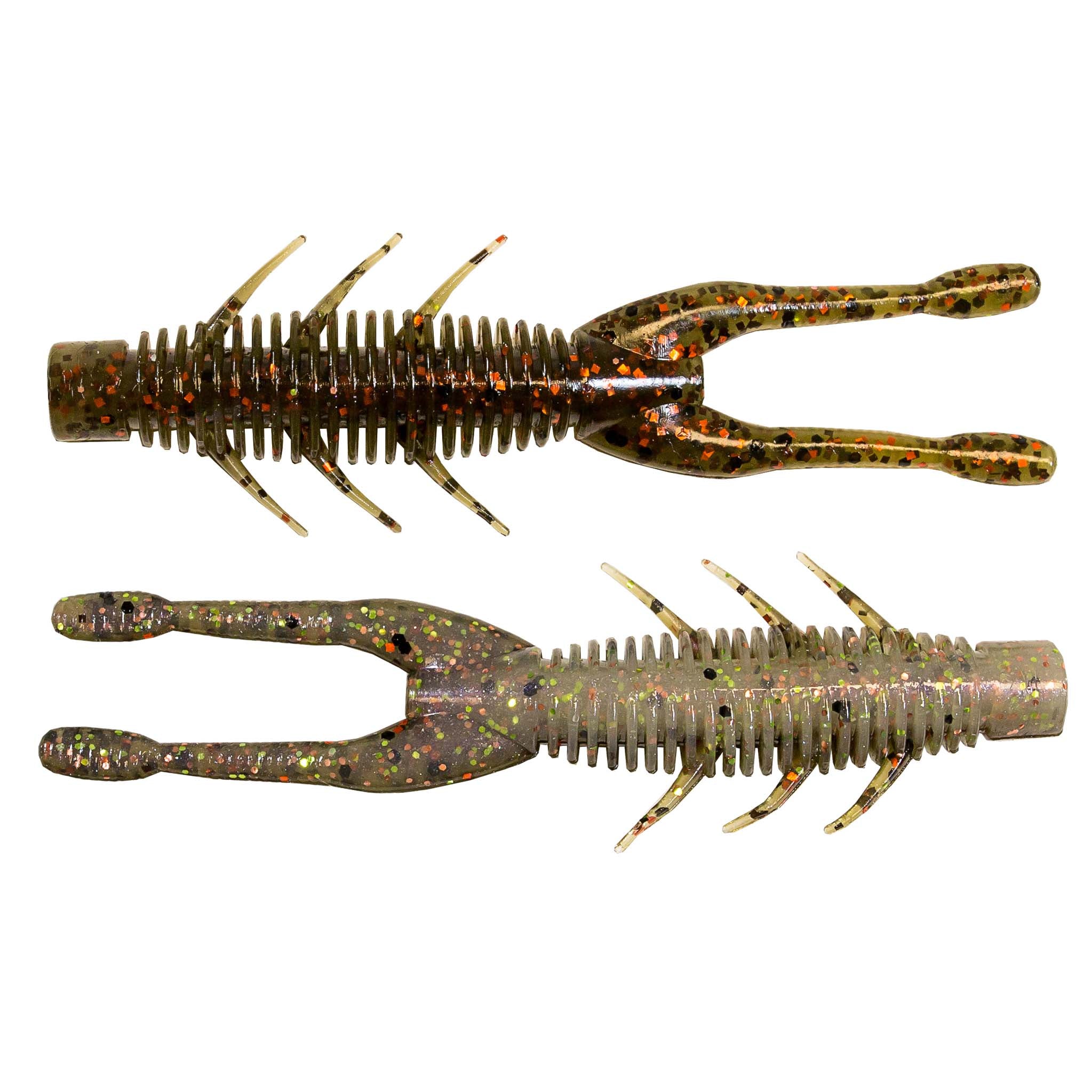 Clear gray-gold glitter soft plastic craw lure with ribbed body and orange flecks