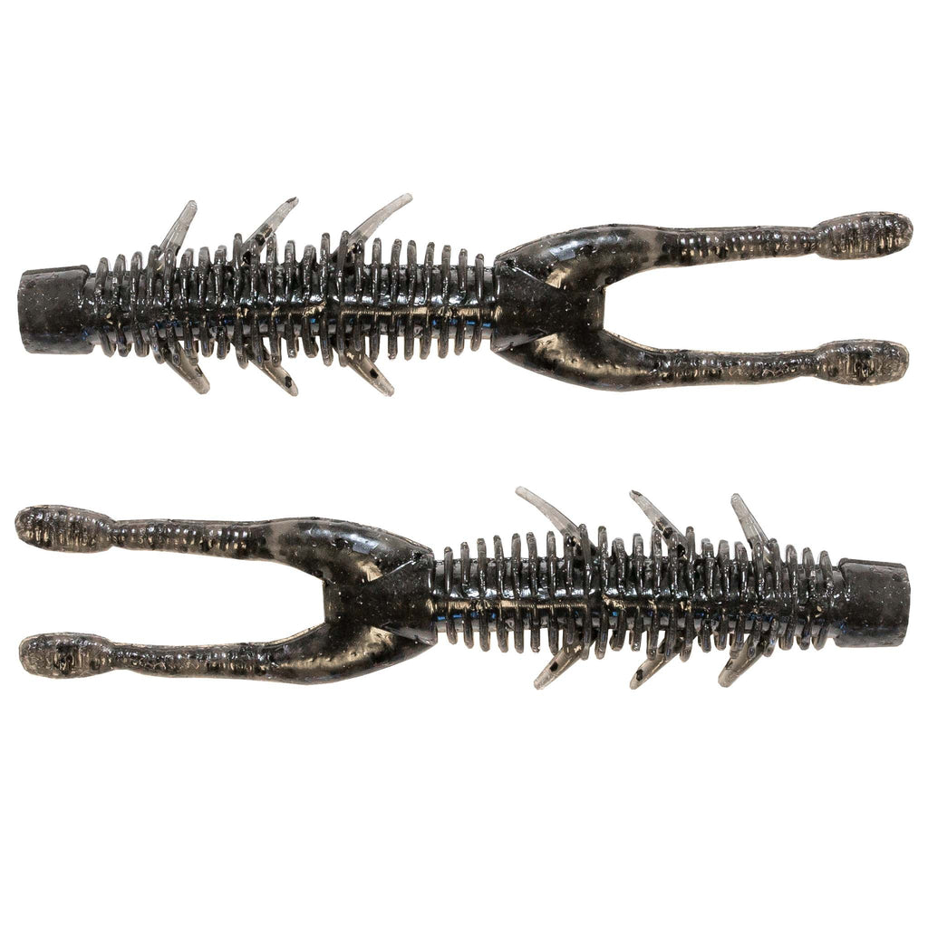 Ribbed soft plastic swimbait with split tail claws, dark gray/black