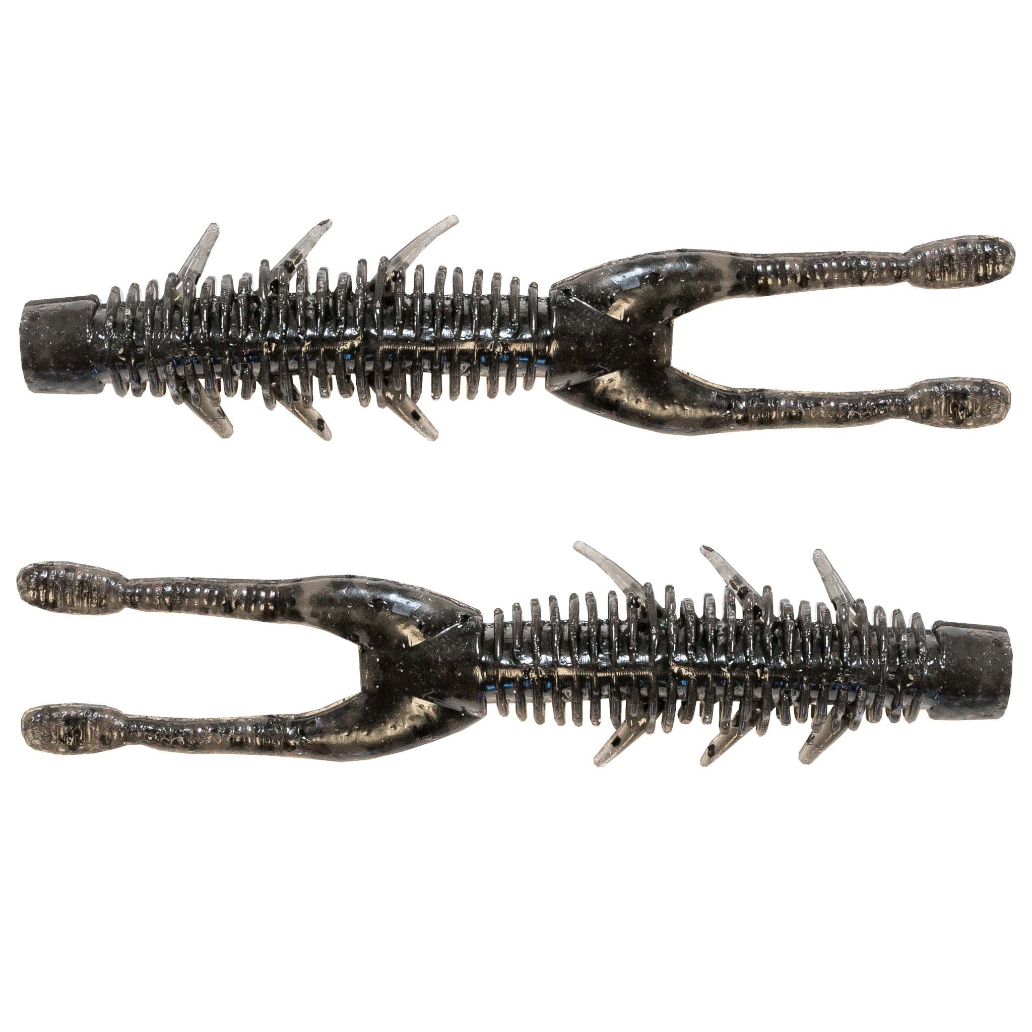 Ribbed soft plastic swimbait with split tail claws, dark gray/black