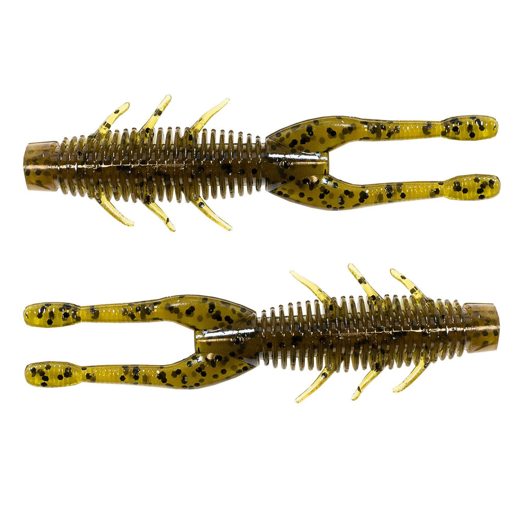 Olive-gold speckled soft plastic craw lure with ribbed body and small side fins