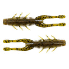 Olive-gold speckled soft plastic craw lure with ribbed body and small side fins