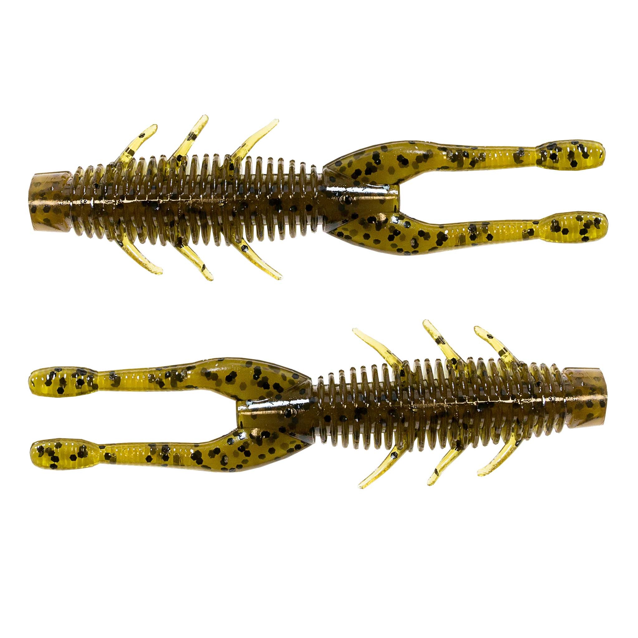 Olive-gold speckled soft plastic craw lure with ribbed body and small side fins