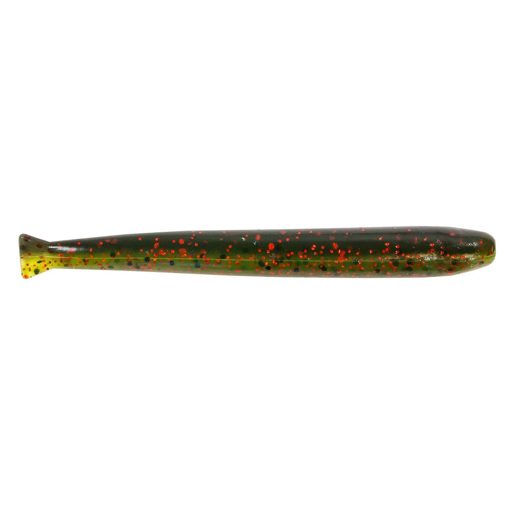 MinnowZ fishing lure, dark green with red specks, yellow tail