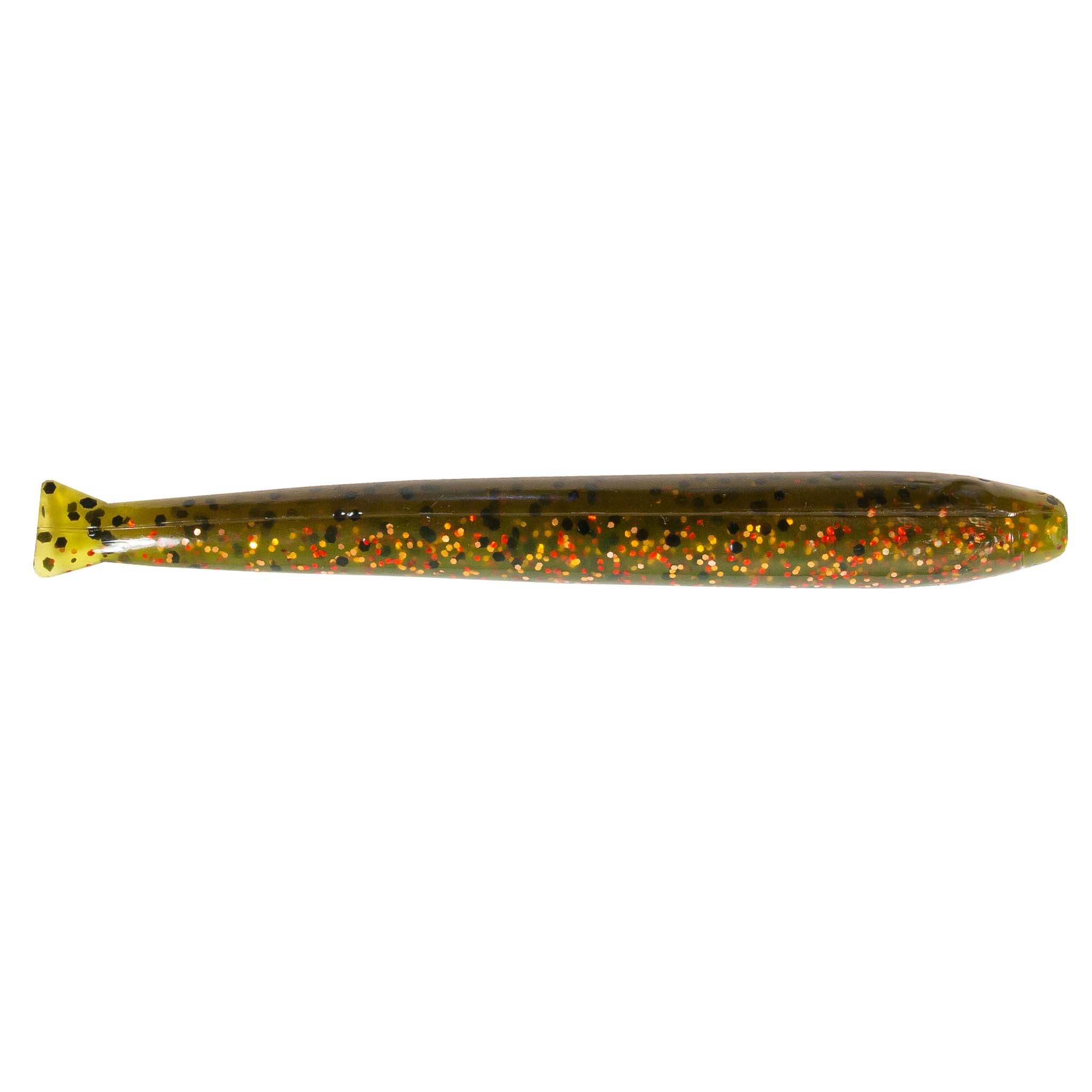 MinnowZ fishing lure, dark brown with orange glitter dots and yellow tail