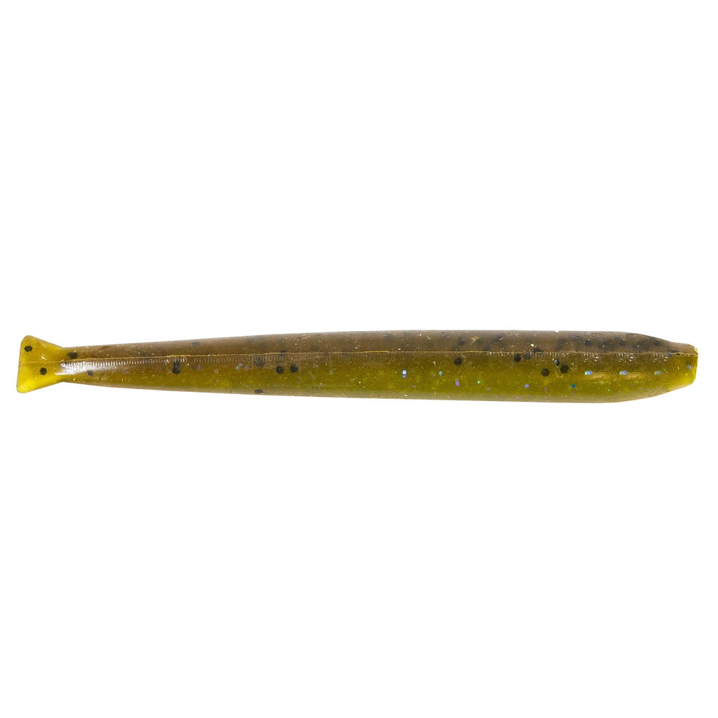 MinnowZ fishing lure, olive green with black speckles and yellow tail