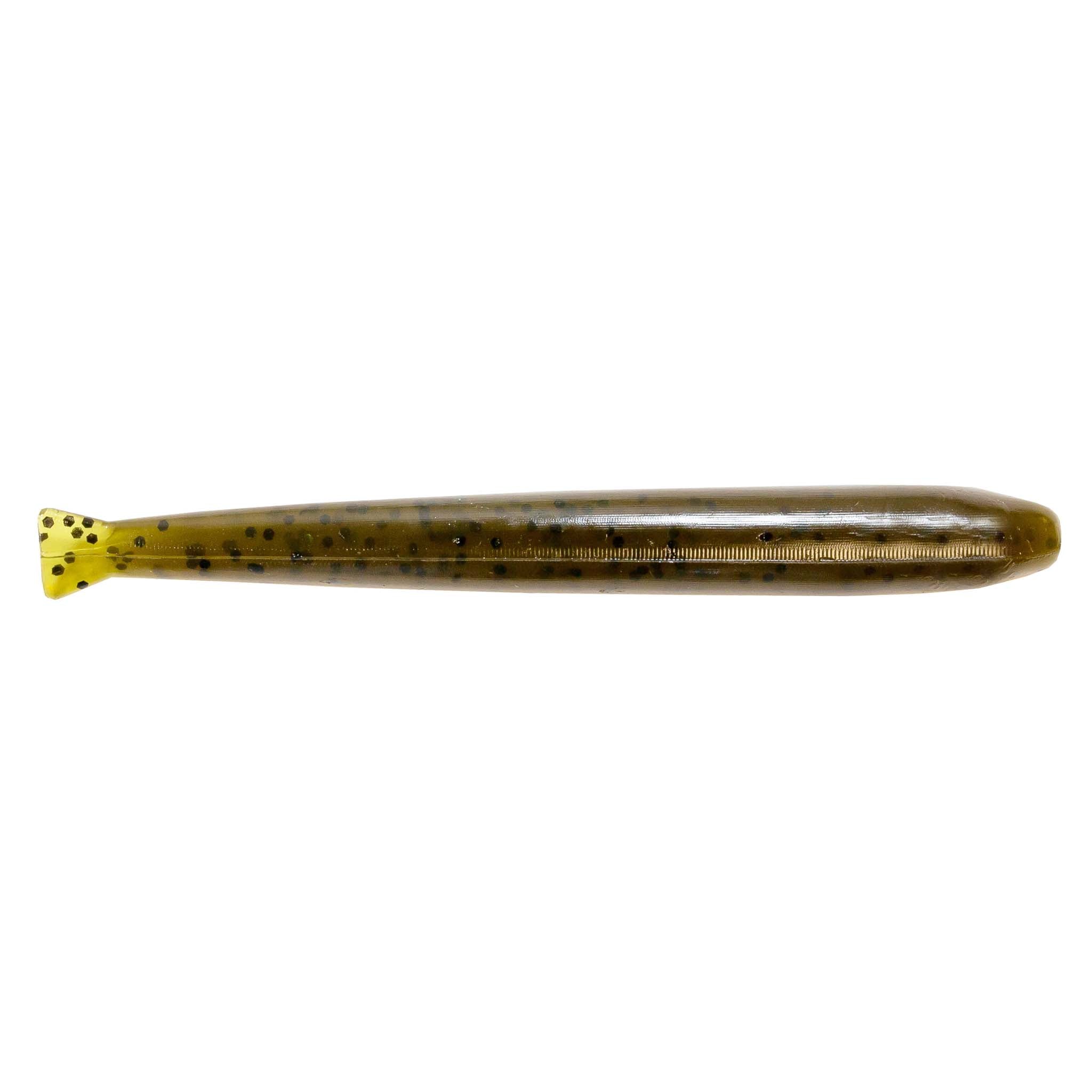 MinnowZ fishing lure, dark olive-brown with small black dots and yellow tail