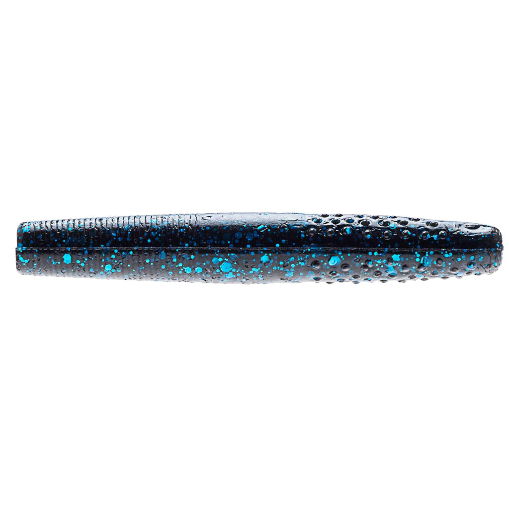 Blue soft plastic fishing bait with dark specks and bright blue glitter