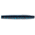 Blue soft plastic fishing bait with dark specks and bright blue glitter