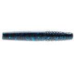 Blue soft plastic fishing bait with dark specks and bright blue glitter