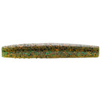 Olive green soft plastic fishing bait with multicolor glitter and mottled pattern