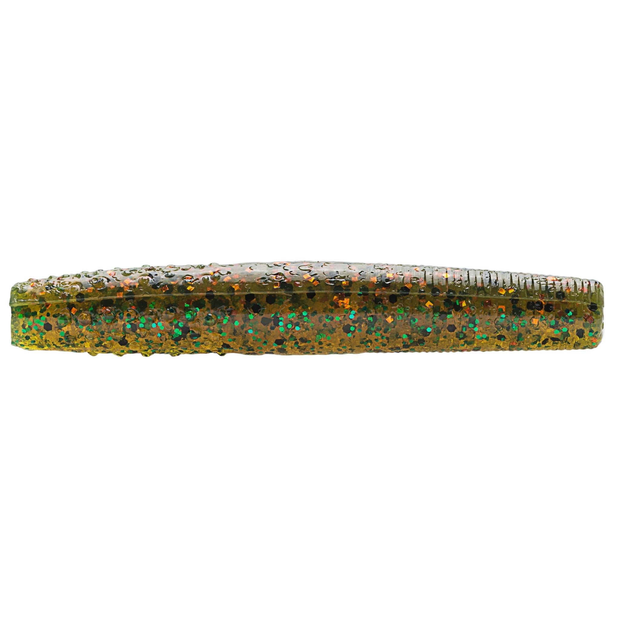 Olive green soft plastic fishing bait with multicolor glitter and mottled pattern