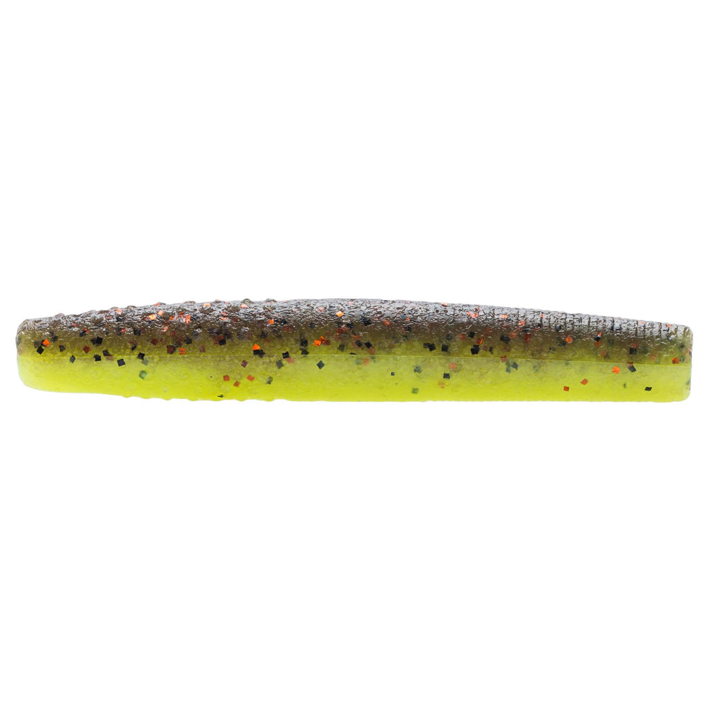Lemon yellow soft plastic fishing bait with dark speckling and orange flecks