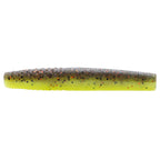Lemon yellow soft plastic fishing bait with dark speckling and orange flecks