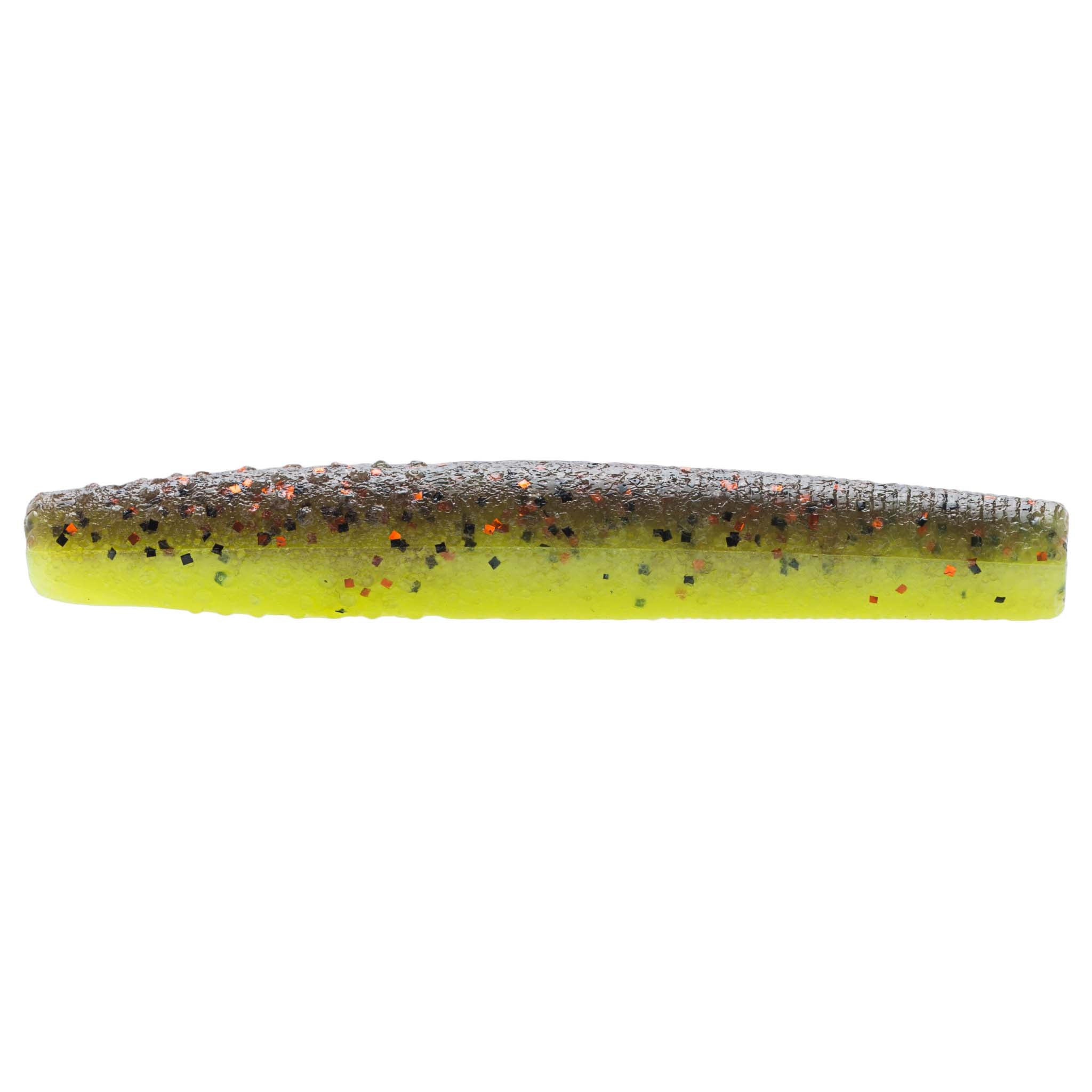 Lemon yellow soft plastic fishing bait with dark speckling and orange flecks