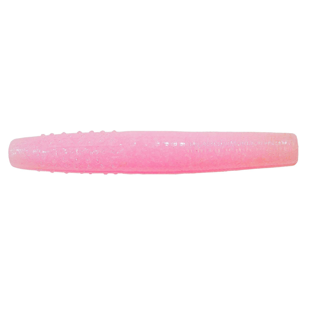 Pink soft plastic fishing bait with translucent body and light speckled glitter