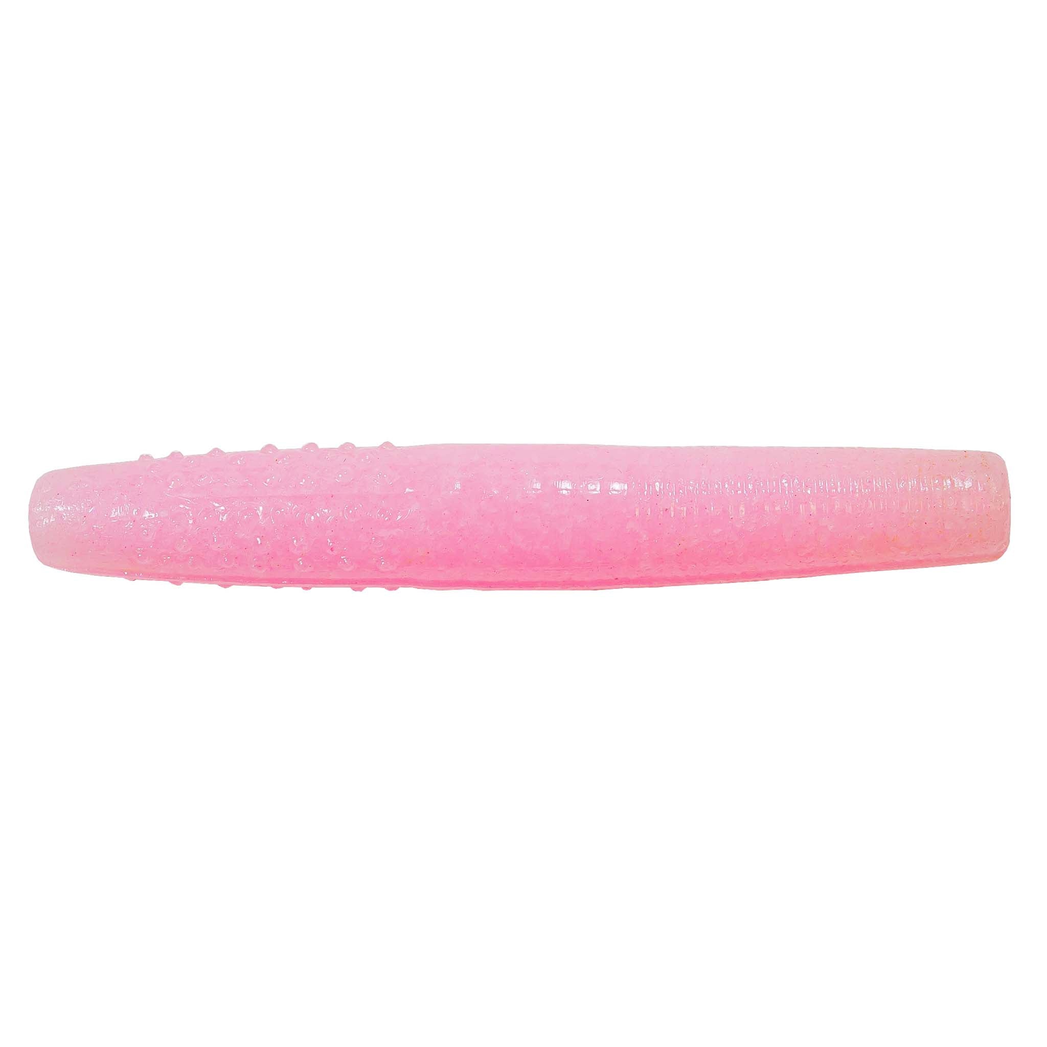Pink soft plastic fishing bait with translucent body and light speckled glitter