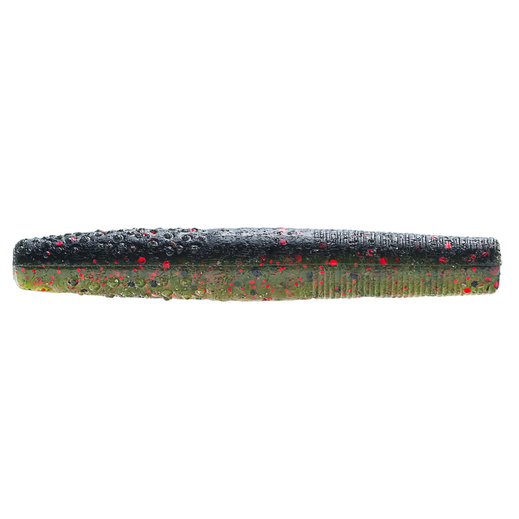 Dark green soft plastic fishing bait with red flecks and heavy glitter
