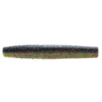 Dark green soft plastic fishing bait with red flecks and heavy glitter