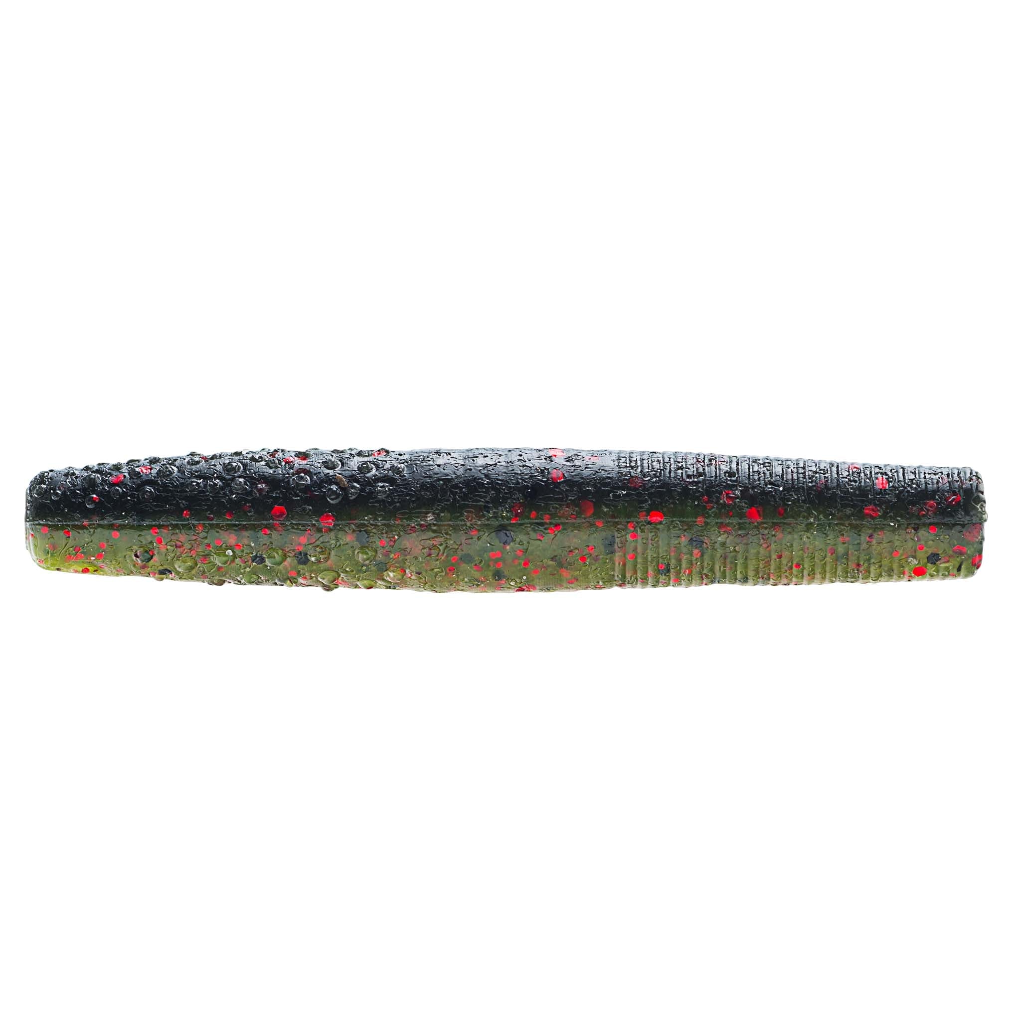 Dark green soft plastic fishing bait with red flecks and heavy glitter