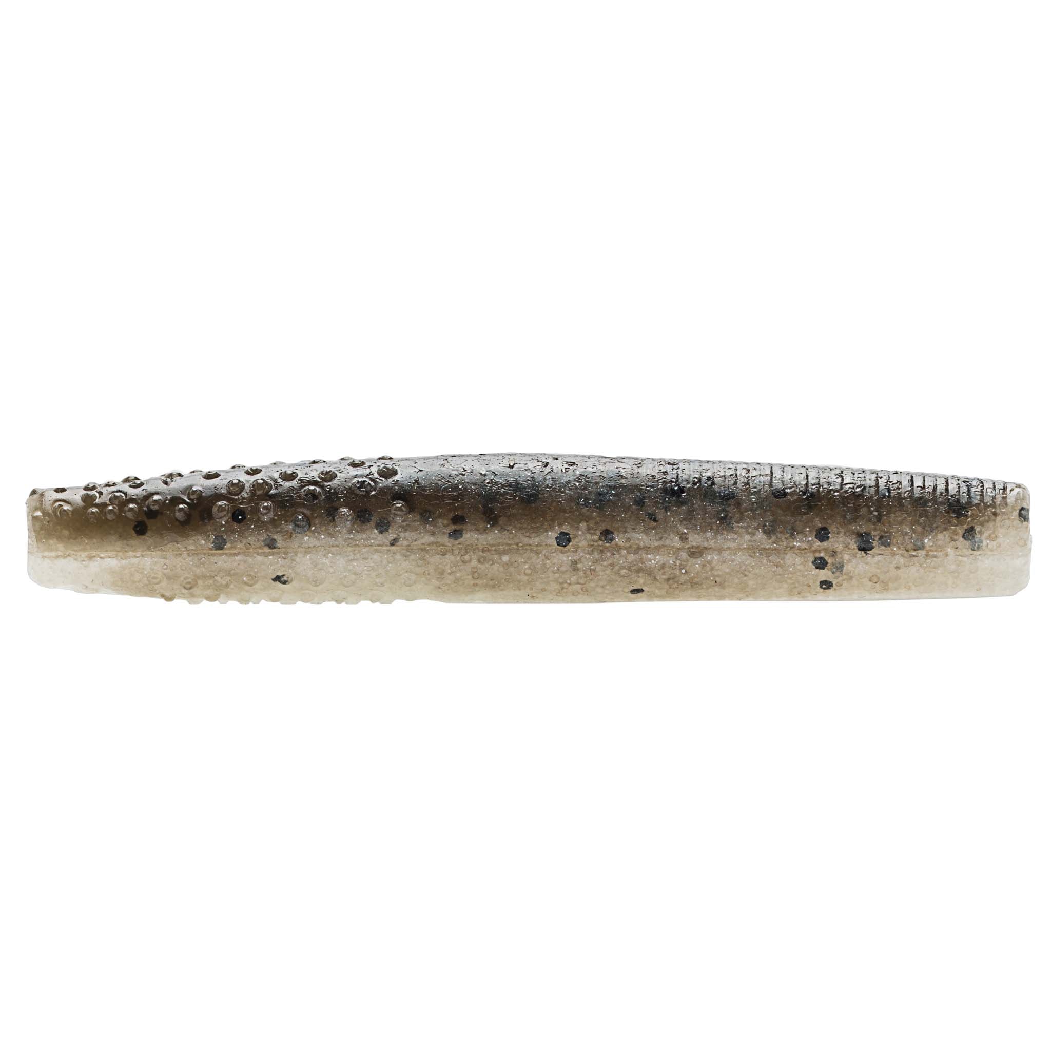 Light gray soft plastic fishing bait with black speckles and faint shimmer