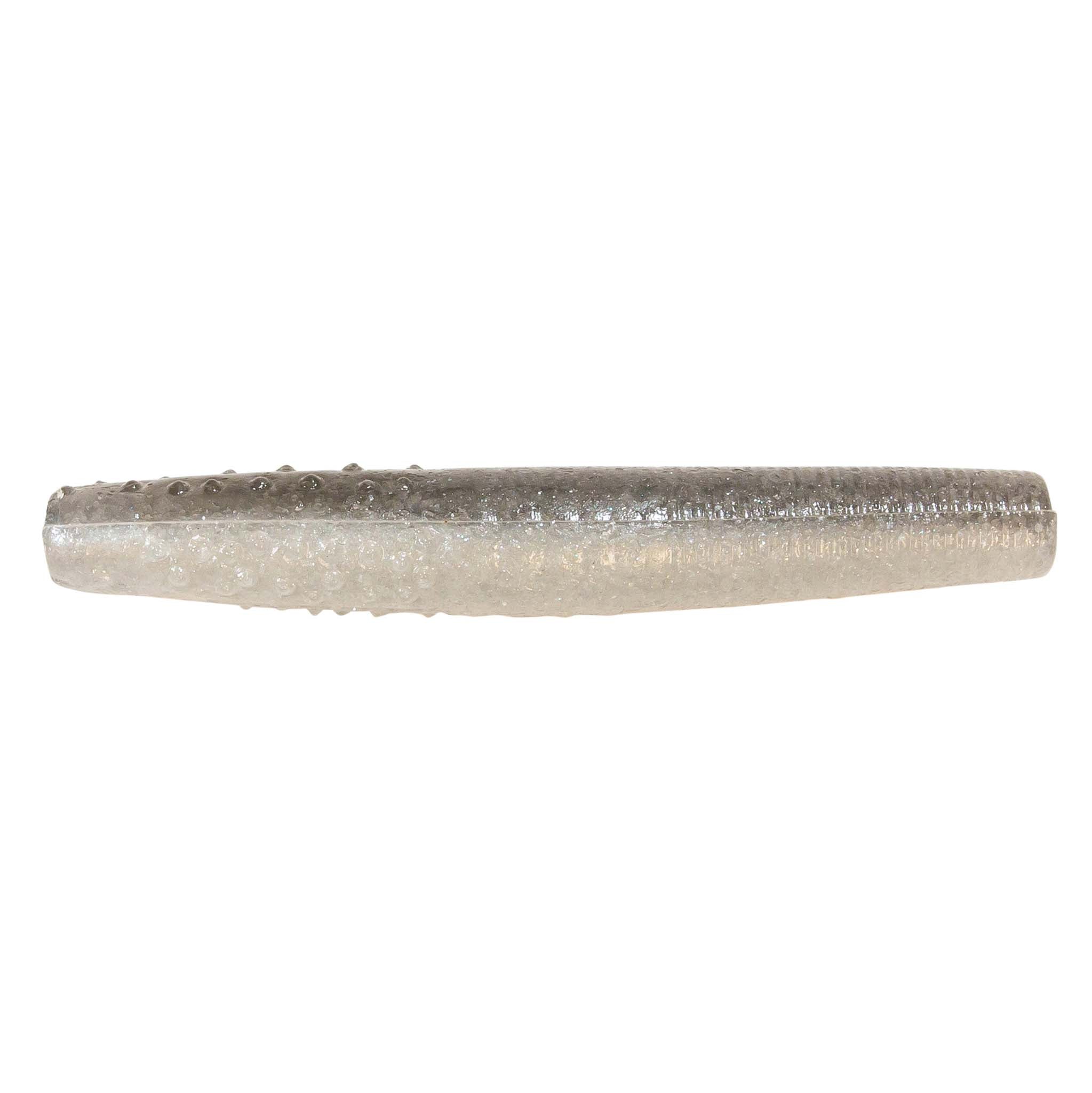 Translucent white soft plastic fishing bait with subtle gray speckle