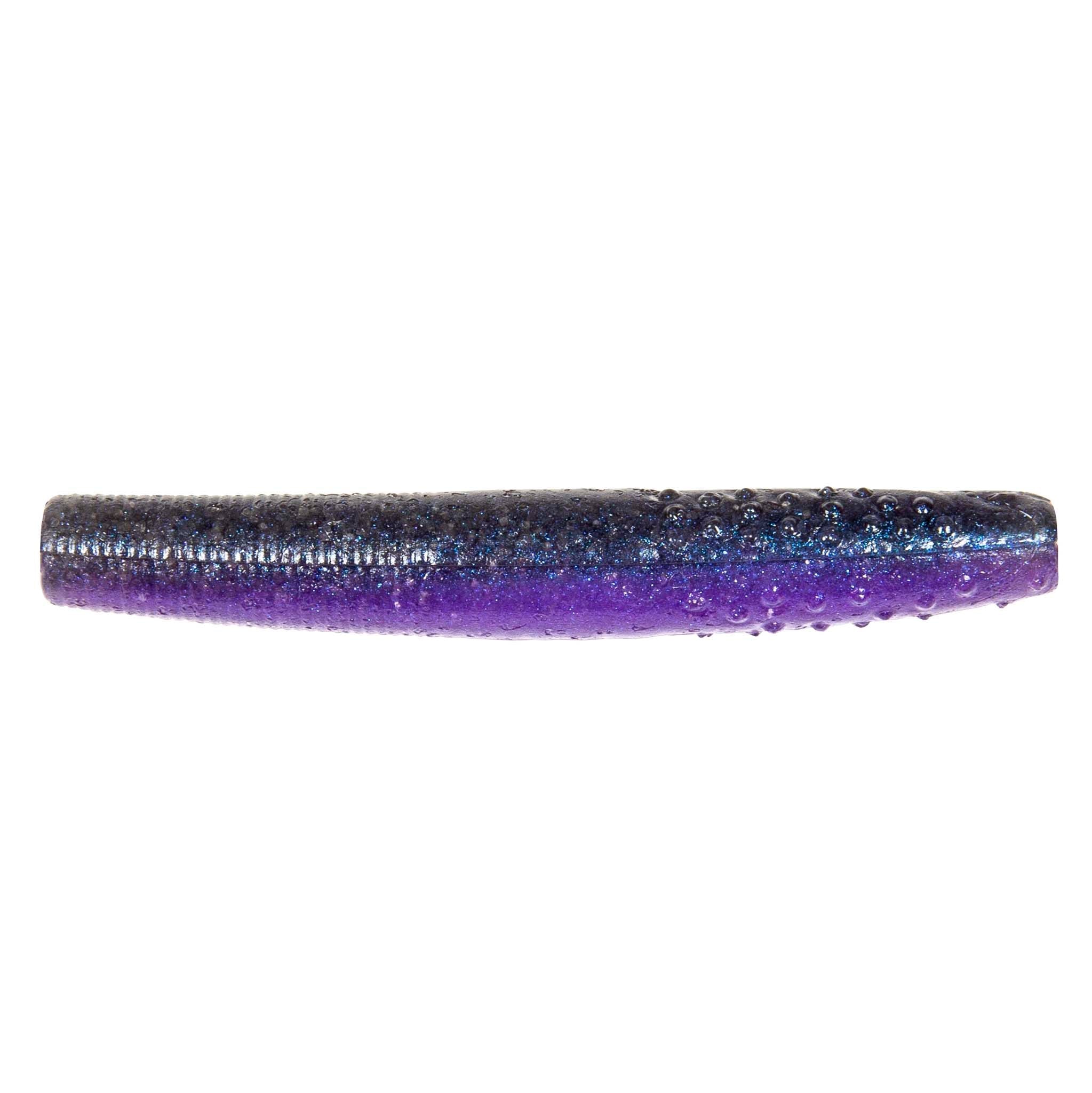 Purple-blue soft plastic fishing lure with glitter speckles, ribbed body