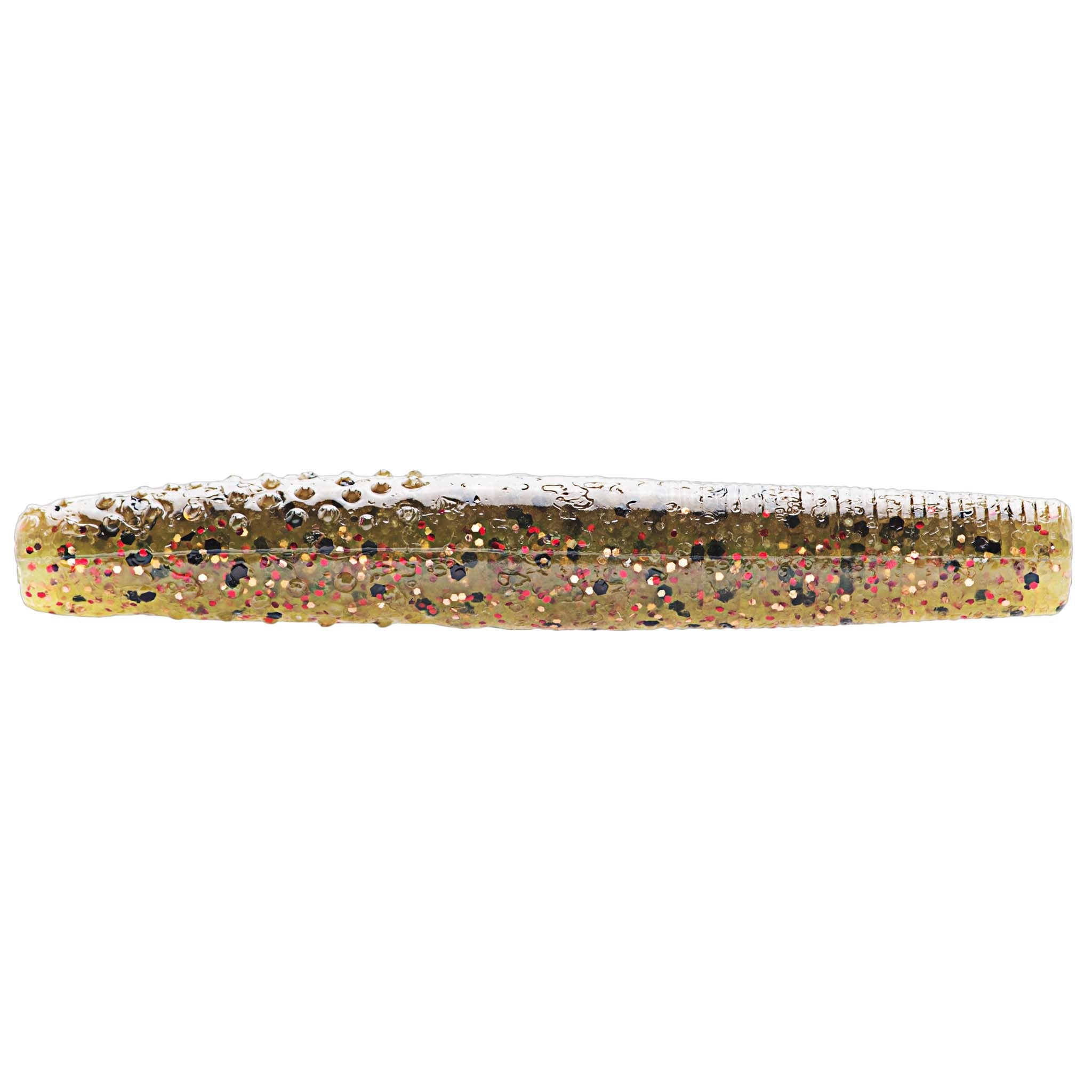 White soft plastic fishing lure with gold, black, and multicolor speckled glitter