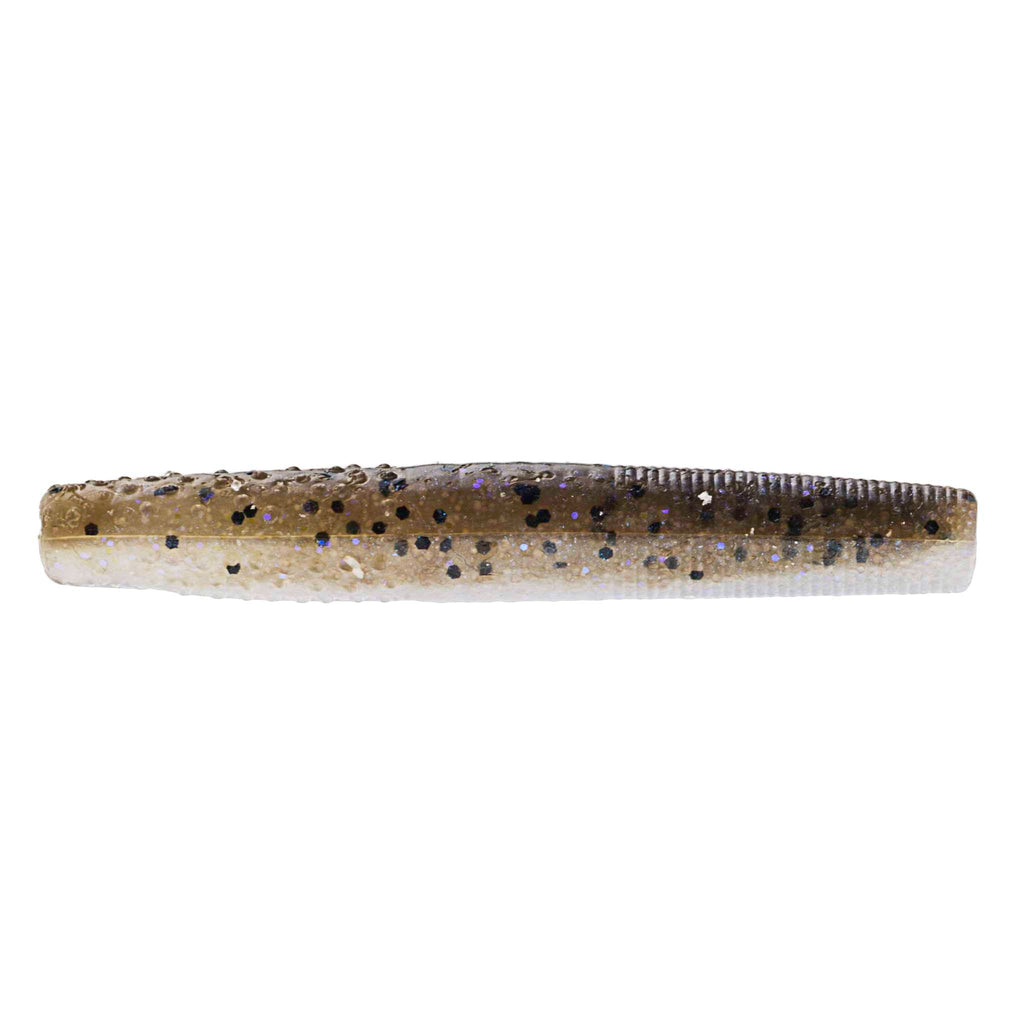 Clear-tinted soft plastic fishing lure with dark speckles and subtle glitter