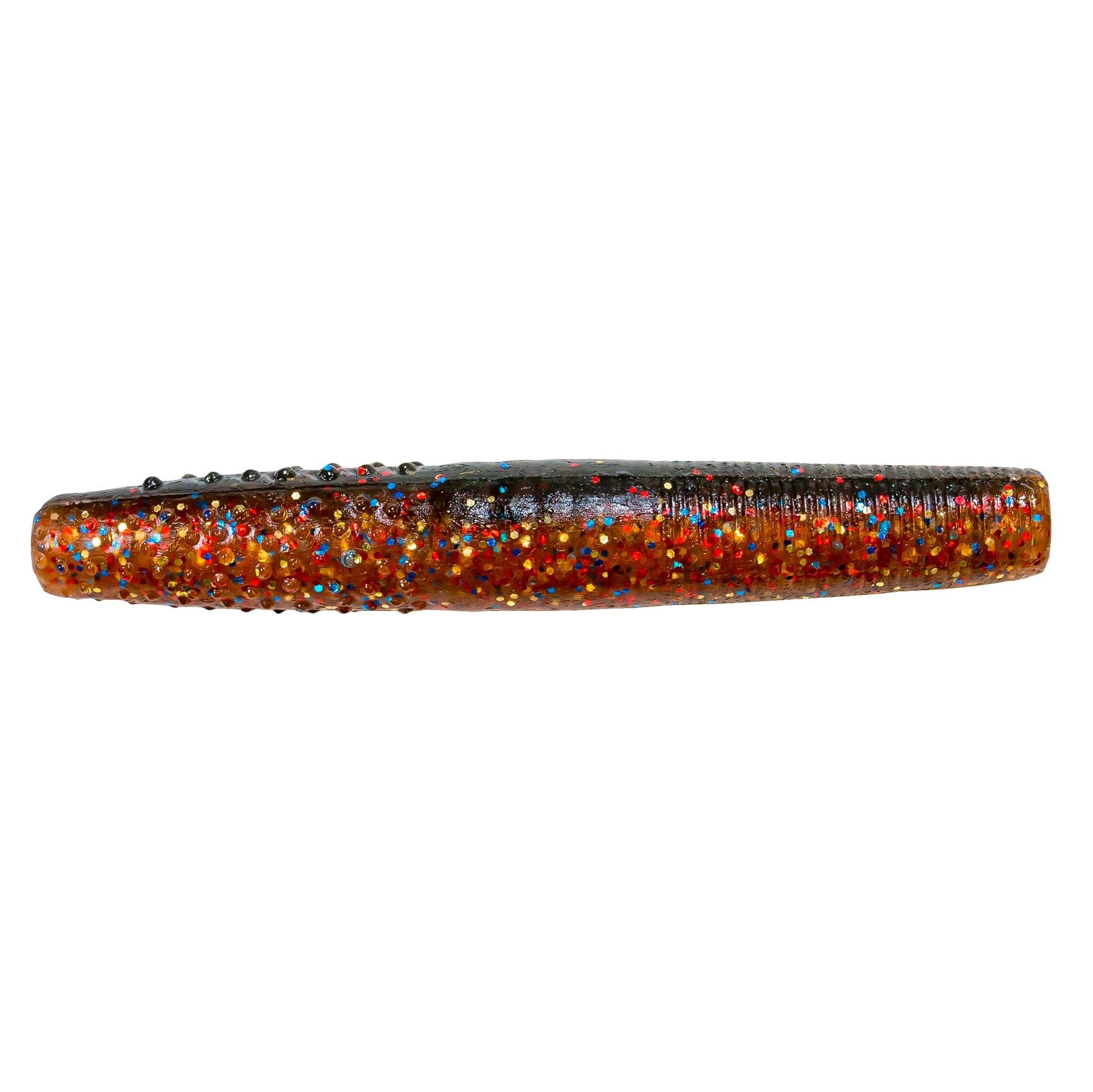 Orange soft plastic fishing lure with bright multicolor glitter speckles