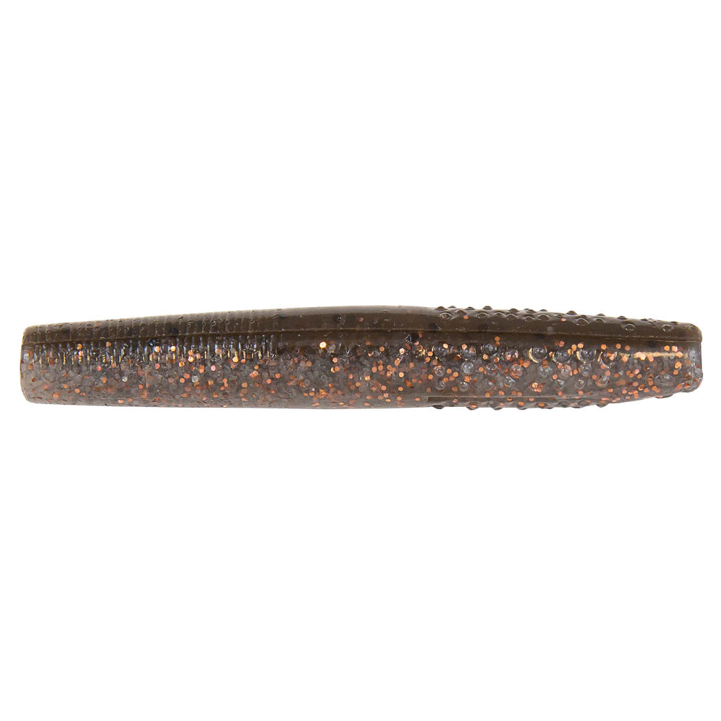 Brown soft plastic fishing lure with orange and gold glitter speckles