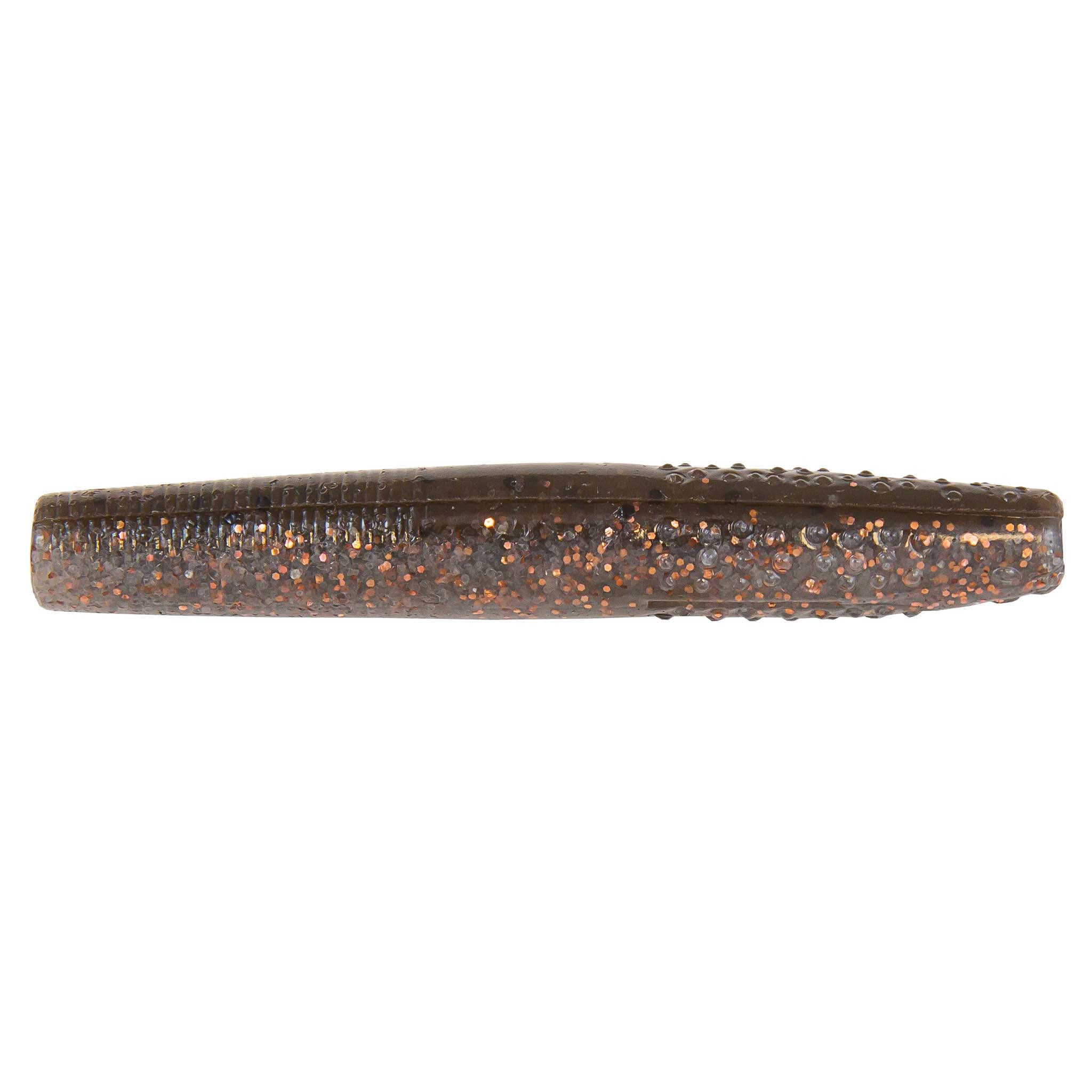 Brown soft plastic fishing lure with orange and gold glitter speckles
