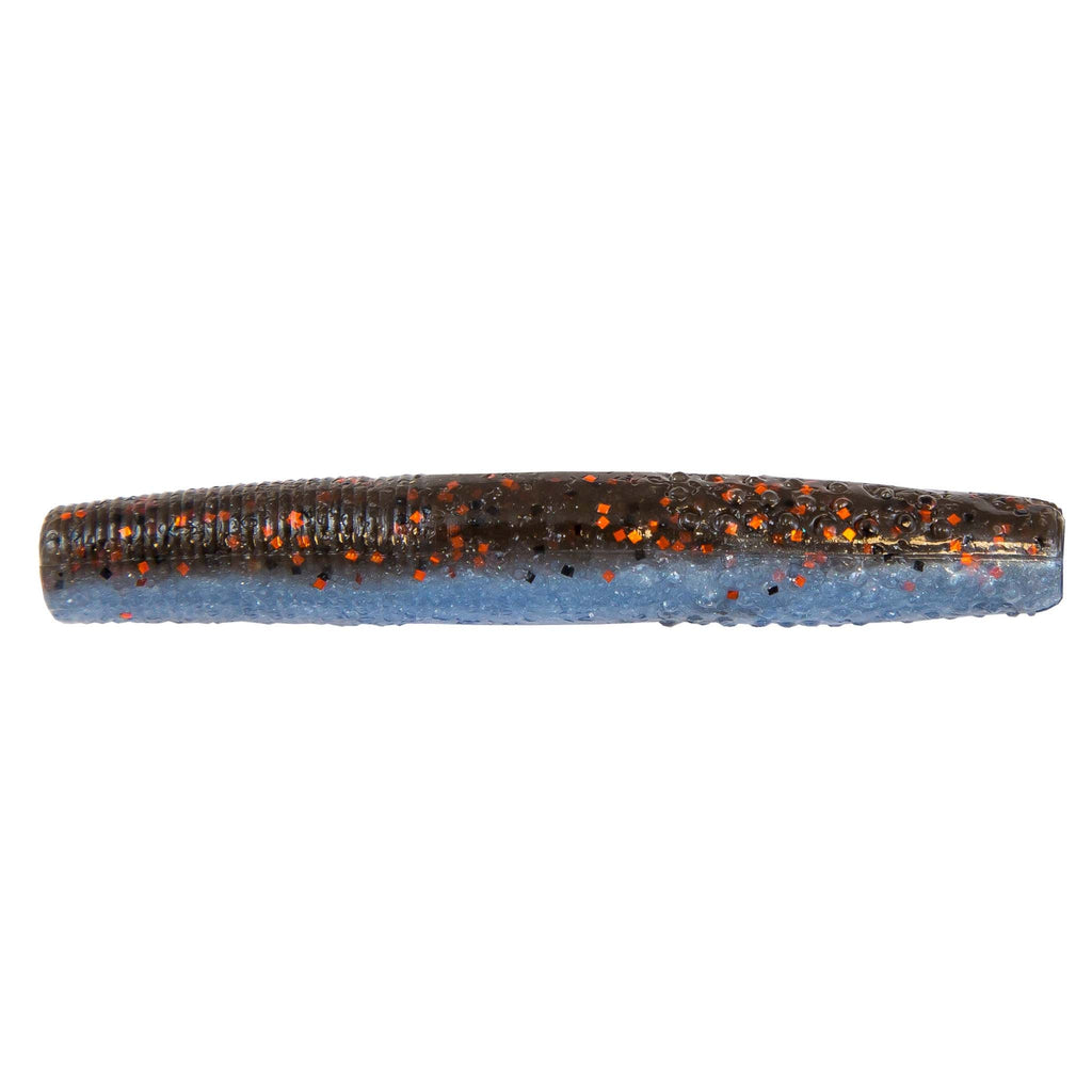 Dark brown and blue soft plastic fishing lure with orange glitter speckles