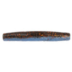 Dark brown and blue soft plastic fishing lure with orange glitter speckles