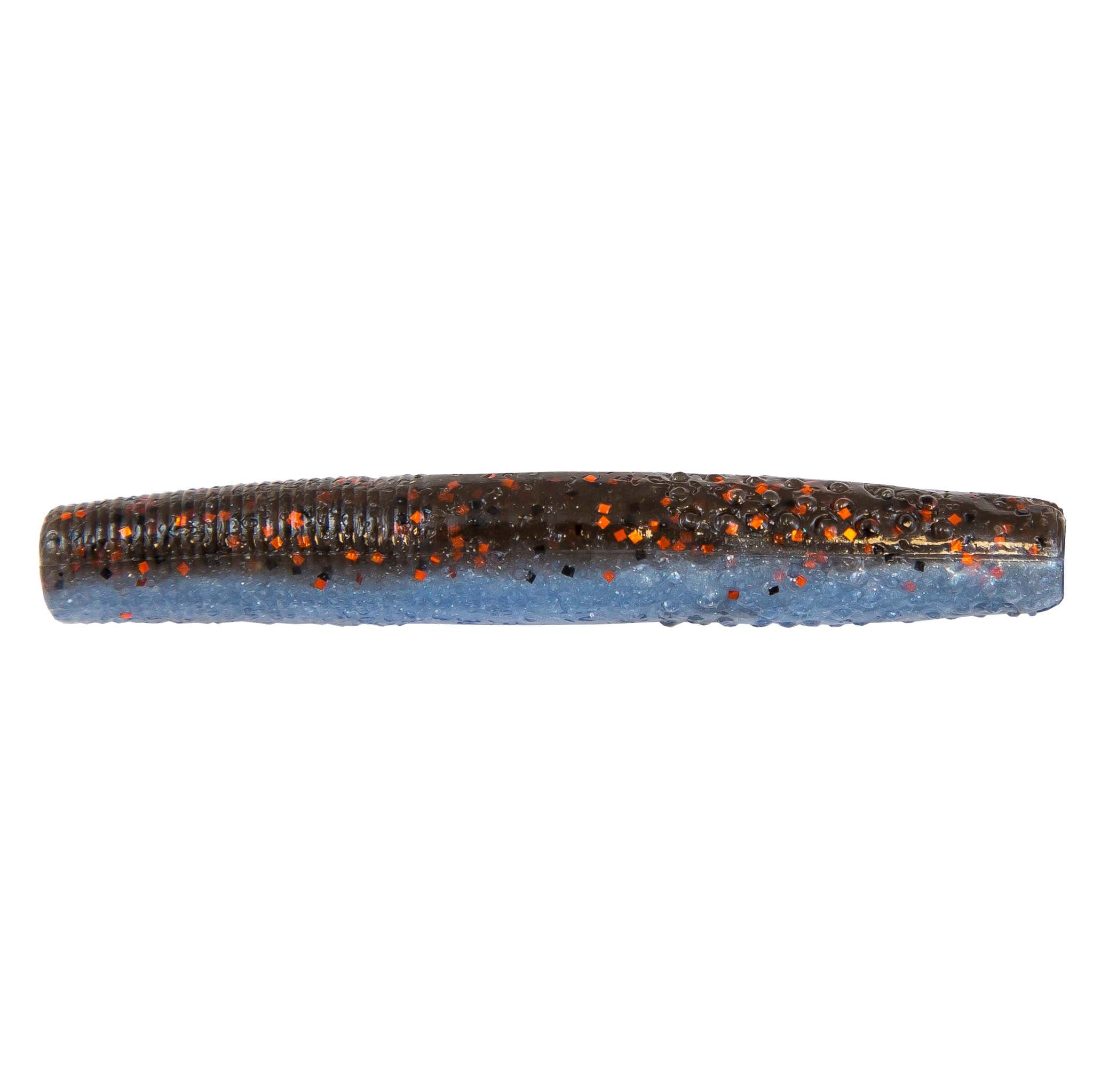 Dark brown and blue soft plastic fishing lure with orange glitter speckles