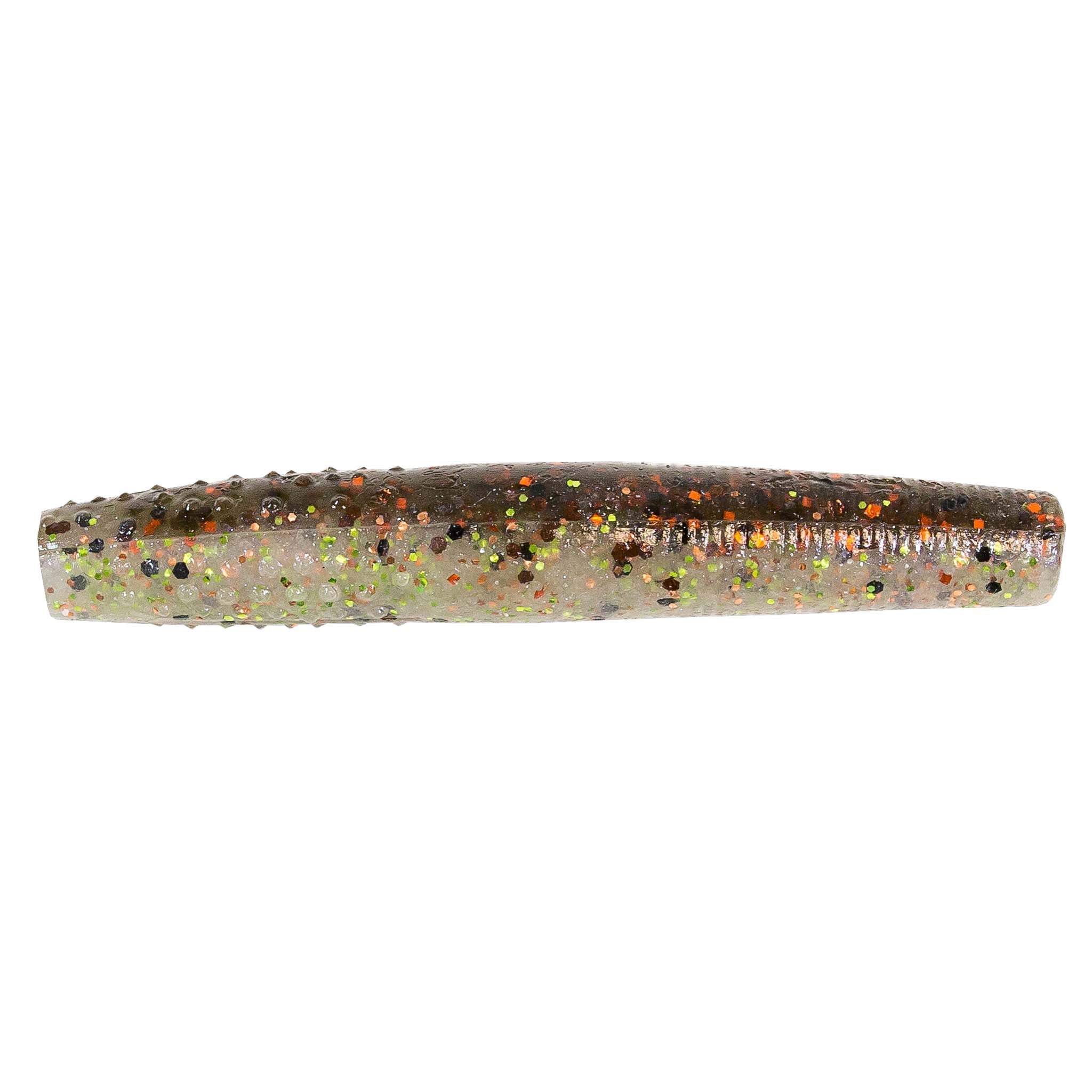 Olive/green soft plastic fishing lure with gold and black glitter speckles