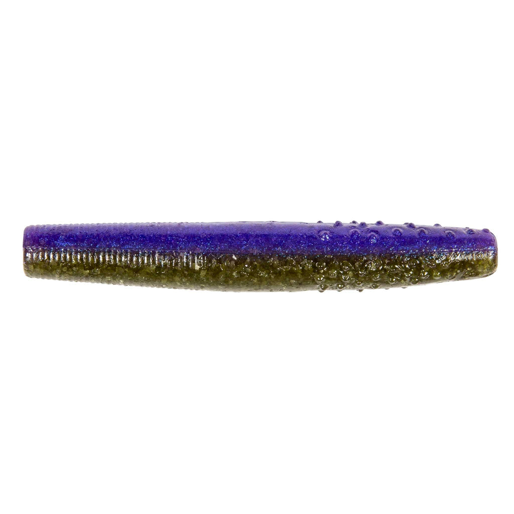 Purple soft plastic fishing lure with dark olive-brown glitter on the back