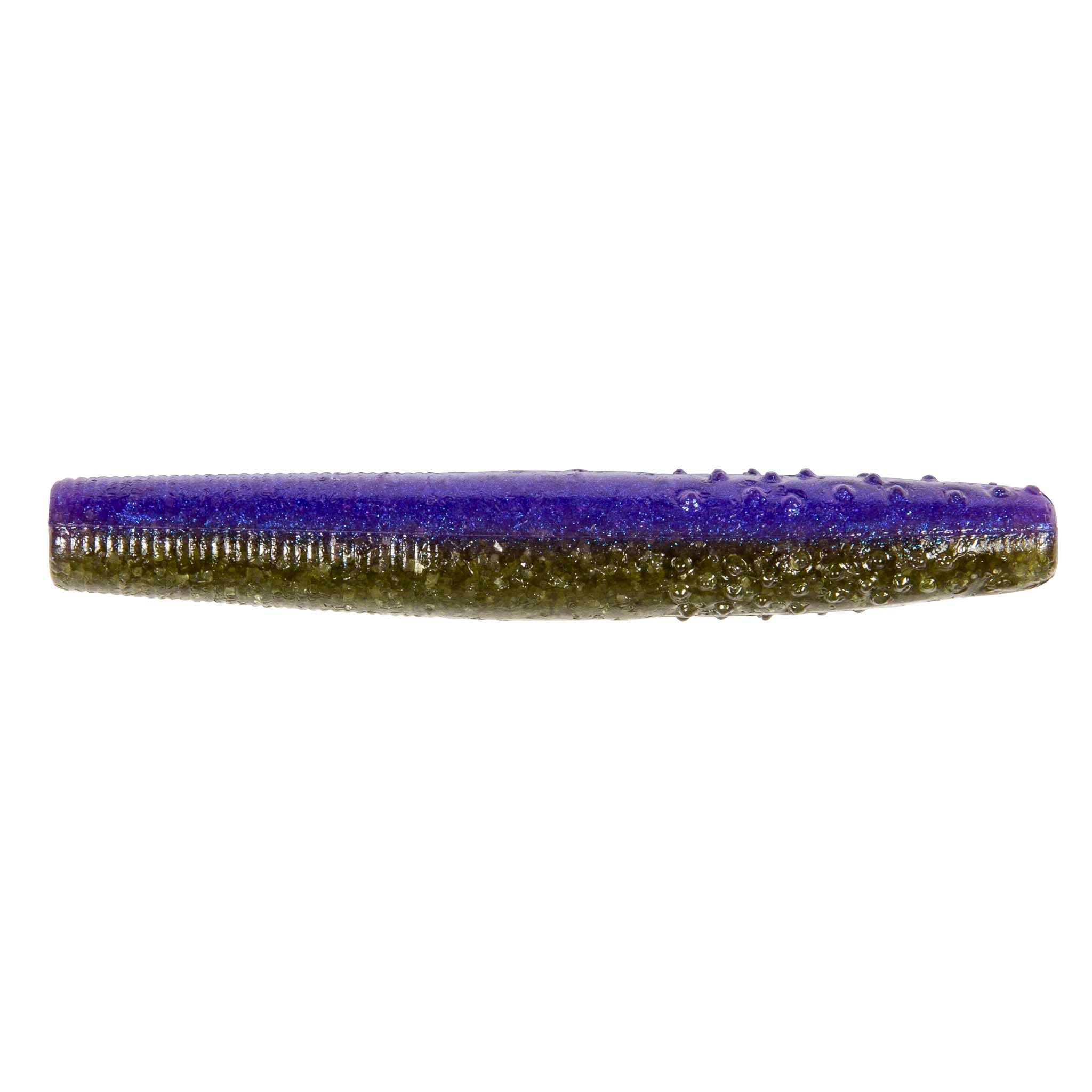 Purple soft plastic fishing lure with dark olive-brown glitter on the back