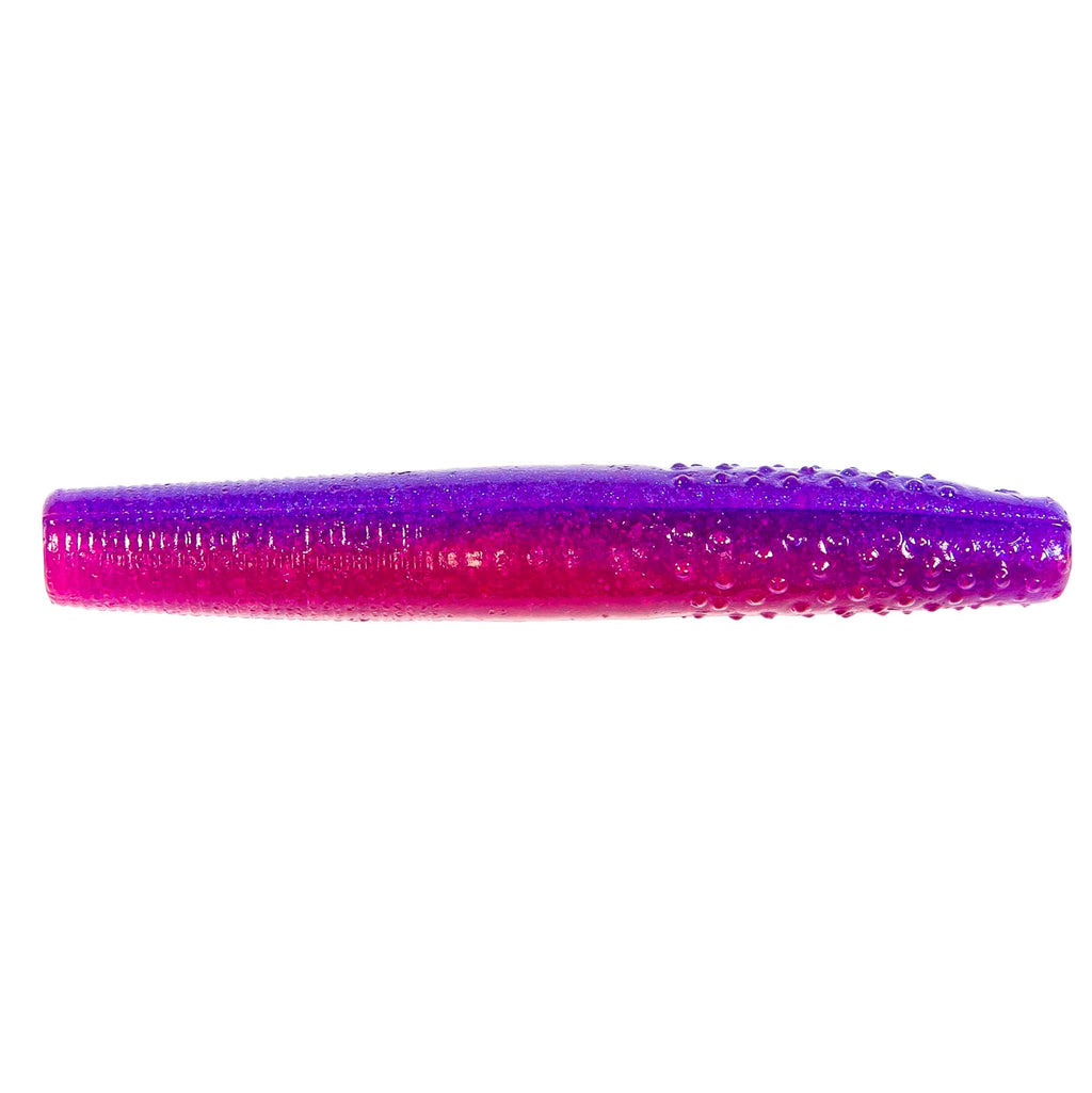 Bright magenta-purple soft plastic fishing lure with glittery sparkle finish
