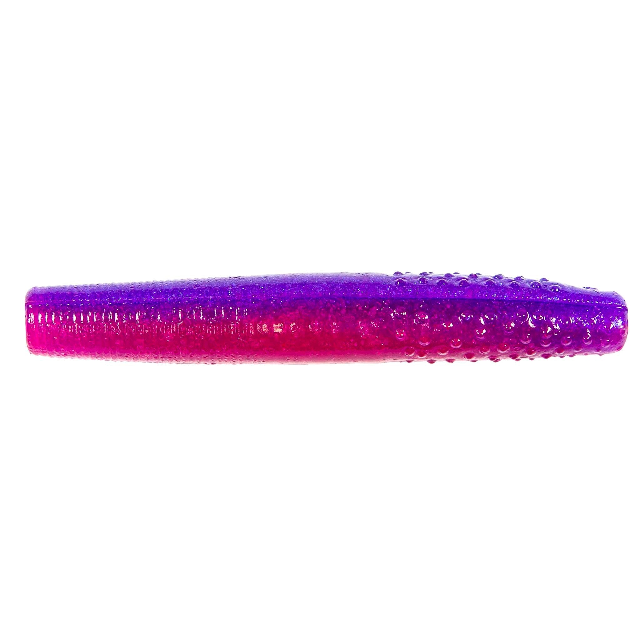 Bright magenta-purple soft plastic fishing lure with glittery sparkle finish