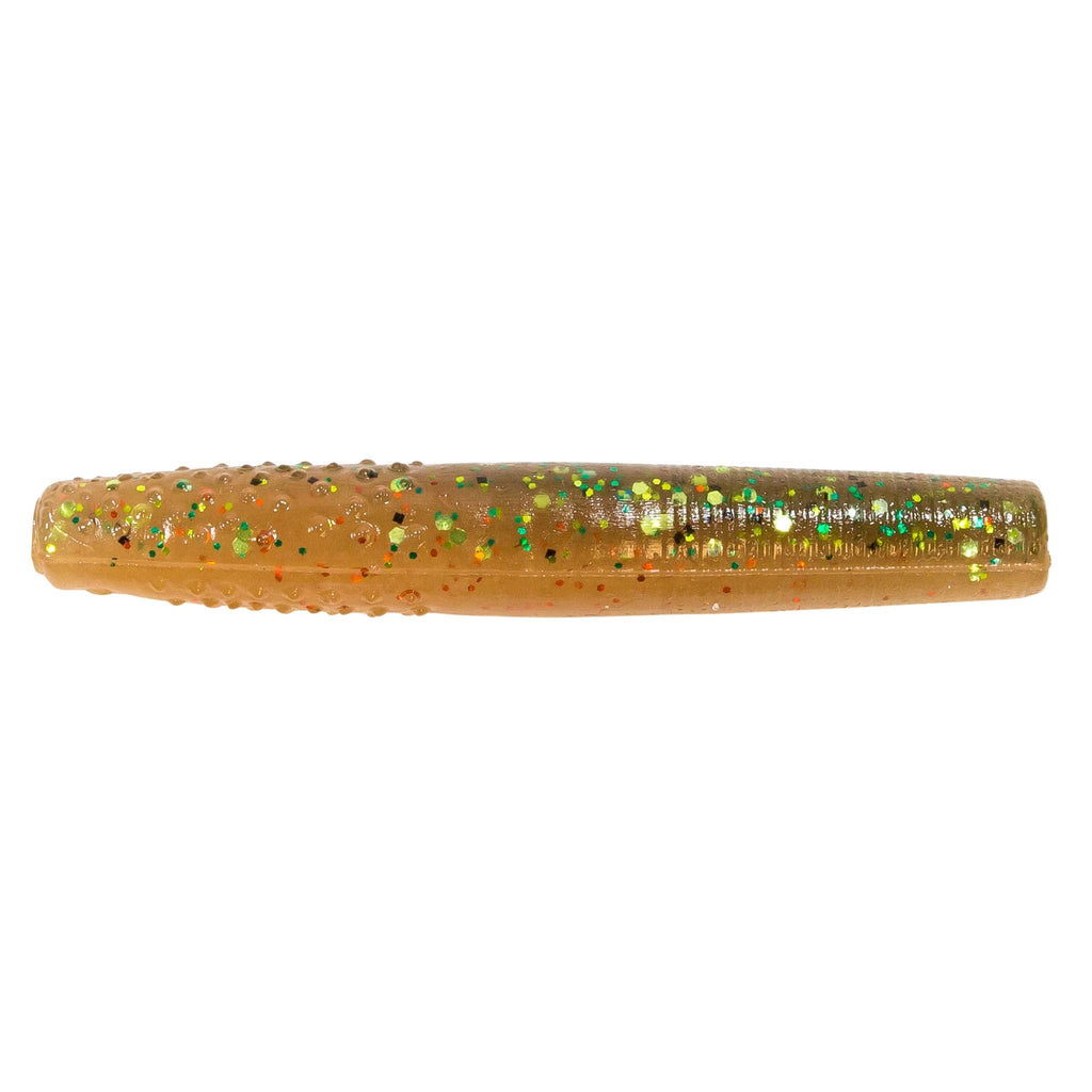 Finesse TRD soft plastic fishing lure, amber orange with green/gold glitter flecks