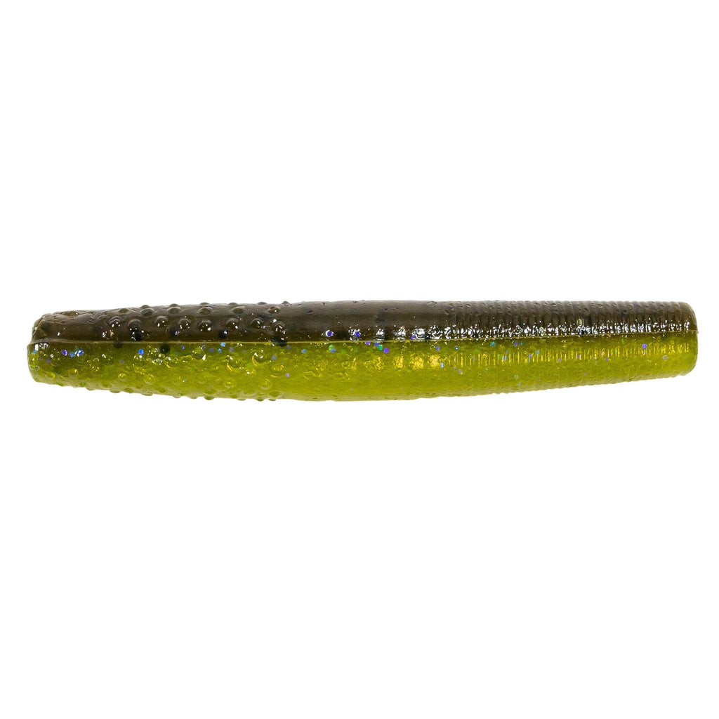 Finesse TRD soft plastic fishing lure, olive green with tiny blue and gold glitter